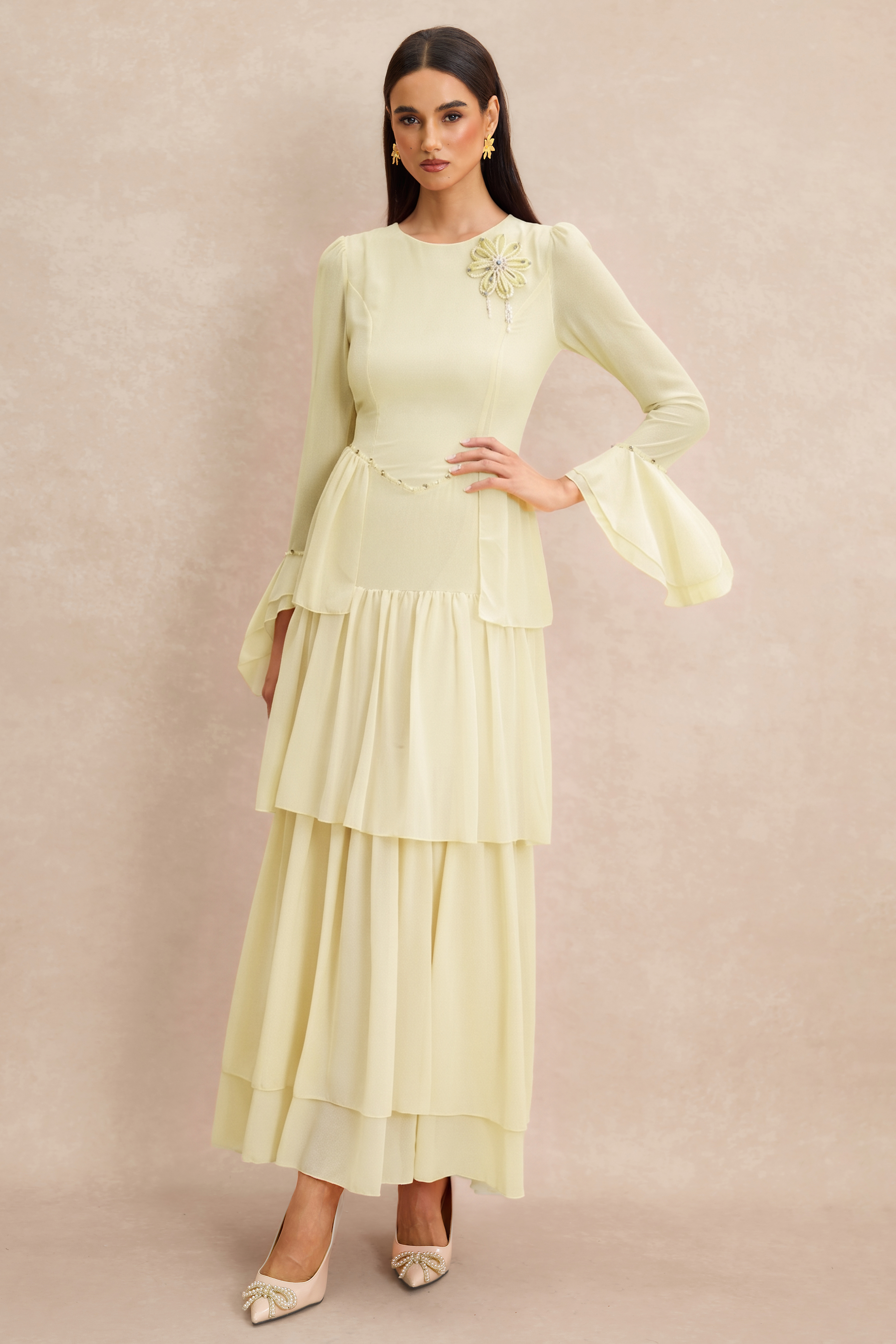 3D Flower Beaded Ruffle Midi Dress