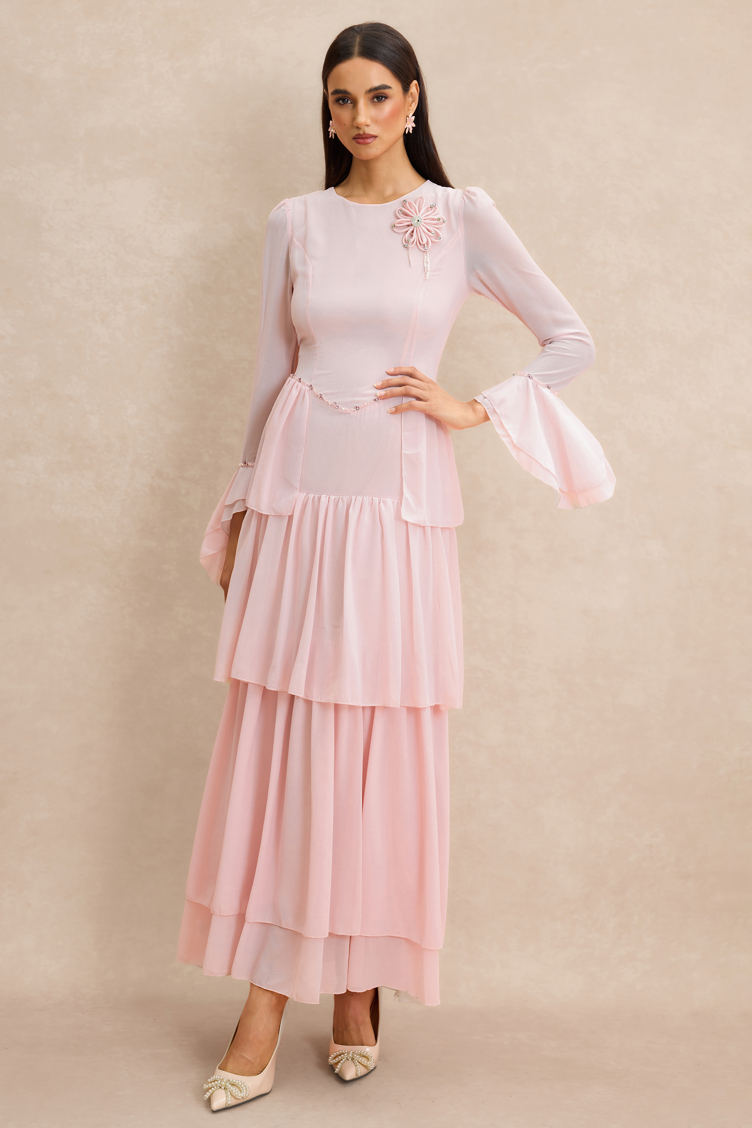3D Flower Beaded Ruffle Midi Dress