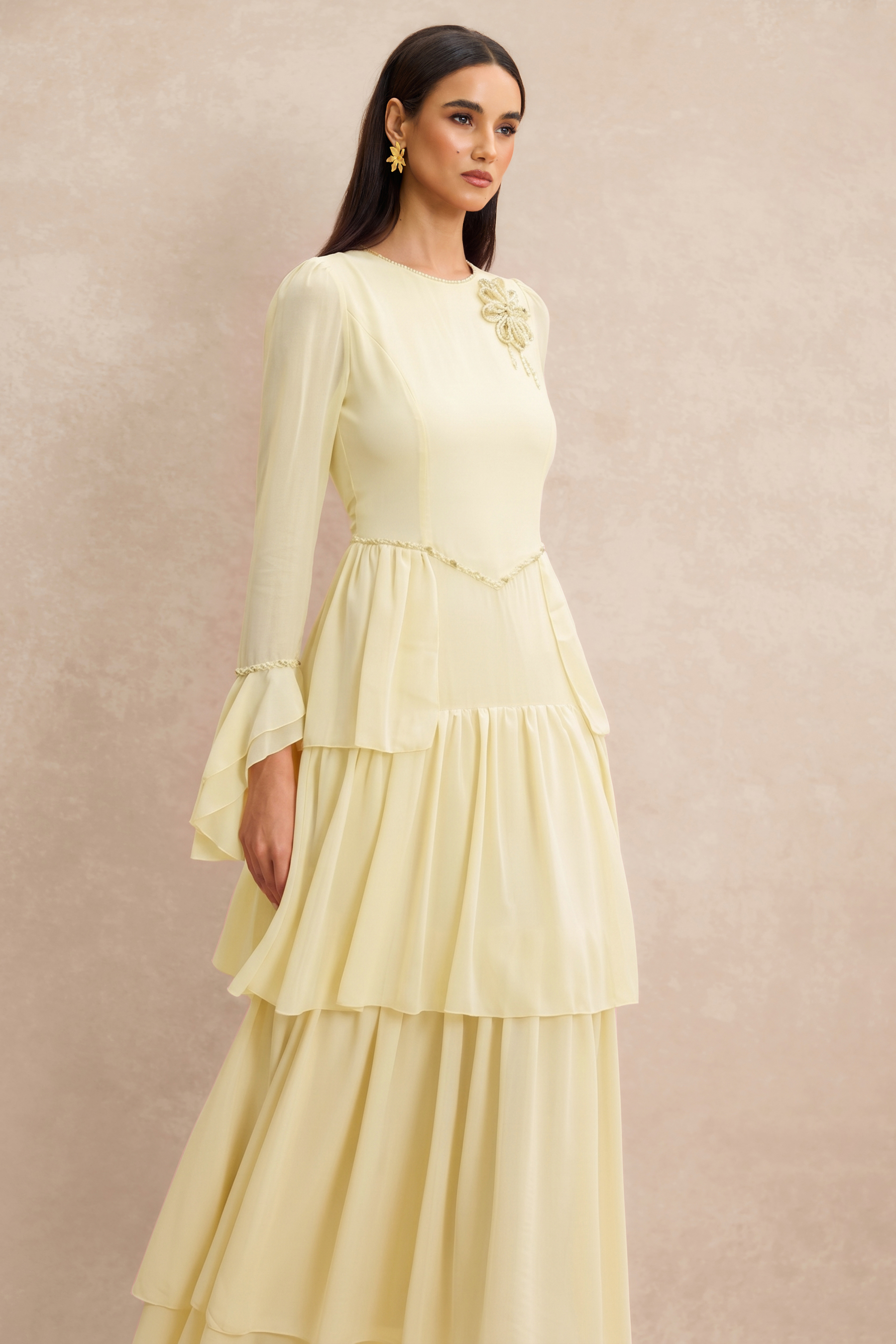 3D Flower Beaded Ruffle Midi Dress