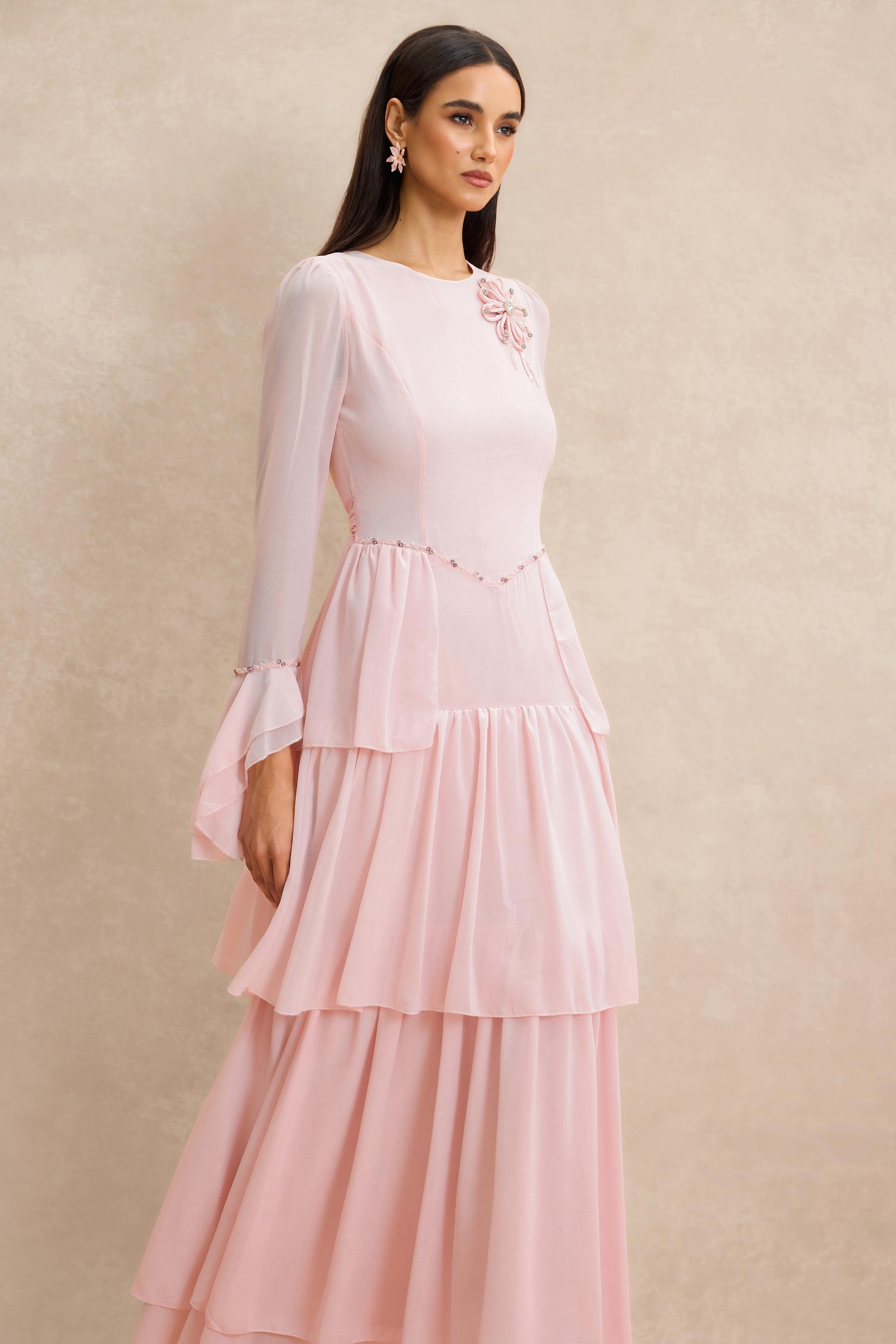 3D Flower Beaded Ruffle Midi Dress