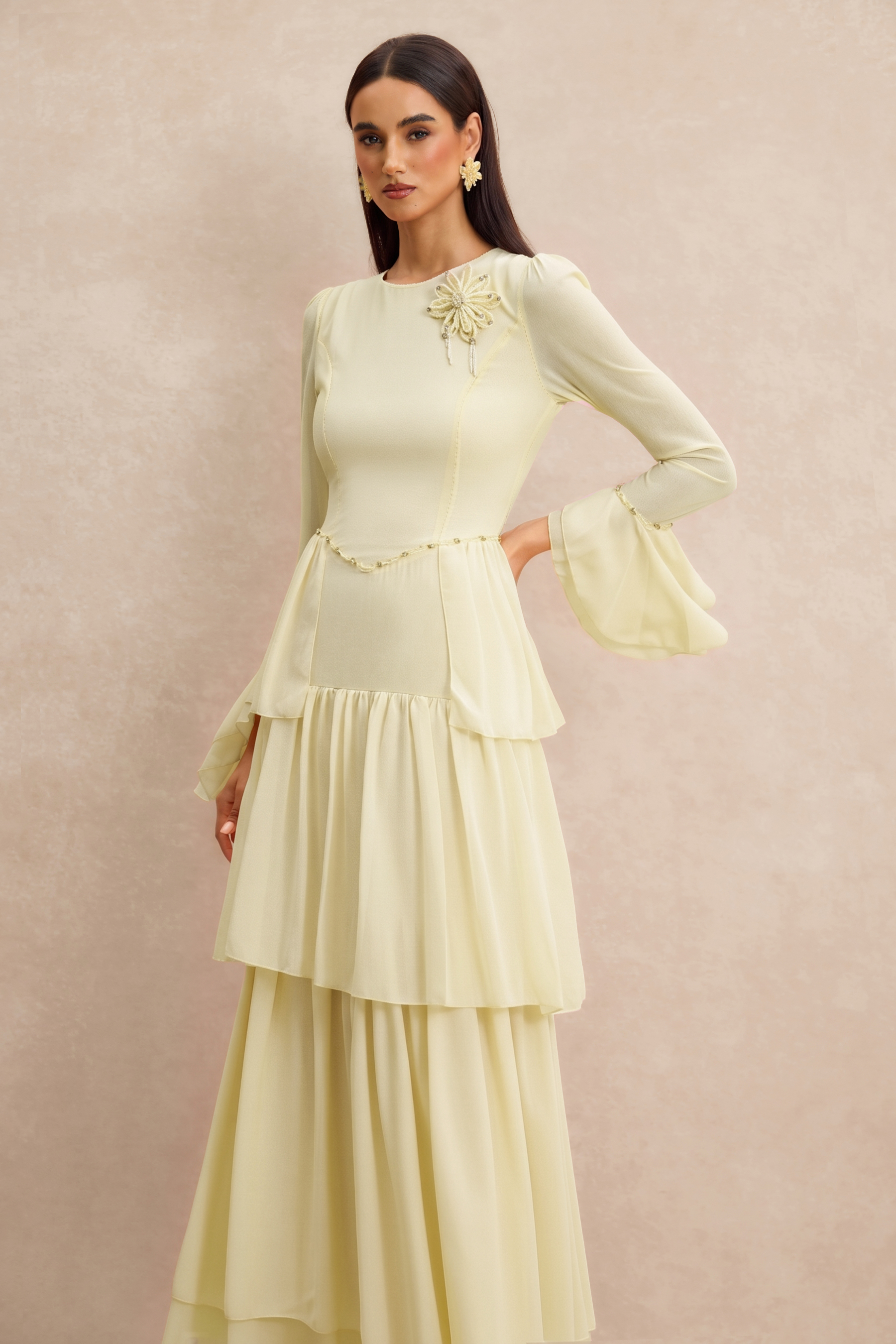 3D Flower Beaded Ruffle Midi Dress