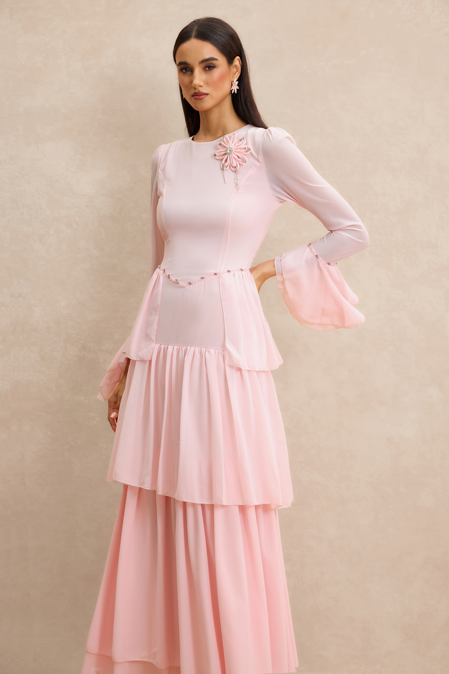 3D Flower Beaded Ruffle Midi Dress