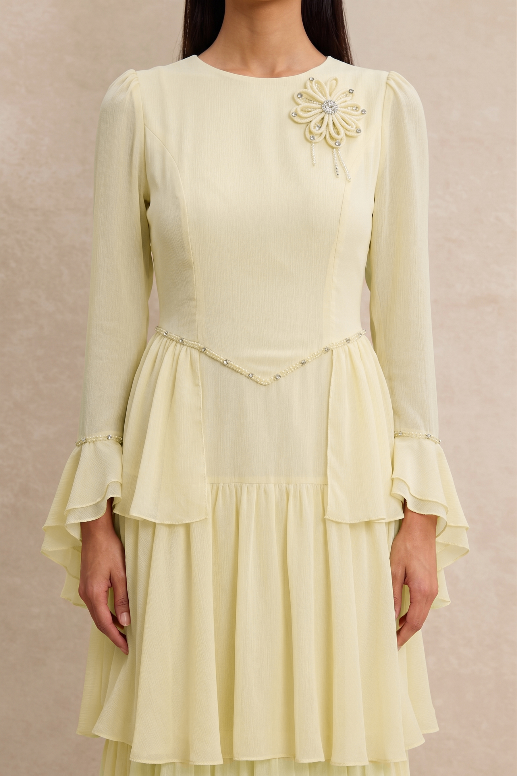 3D Flower Beaded Ruffle Midi Dress