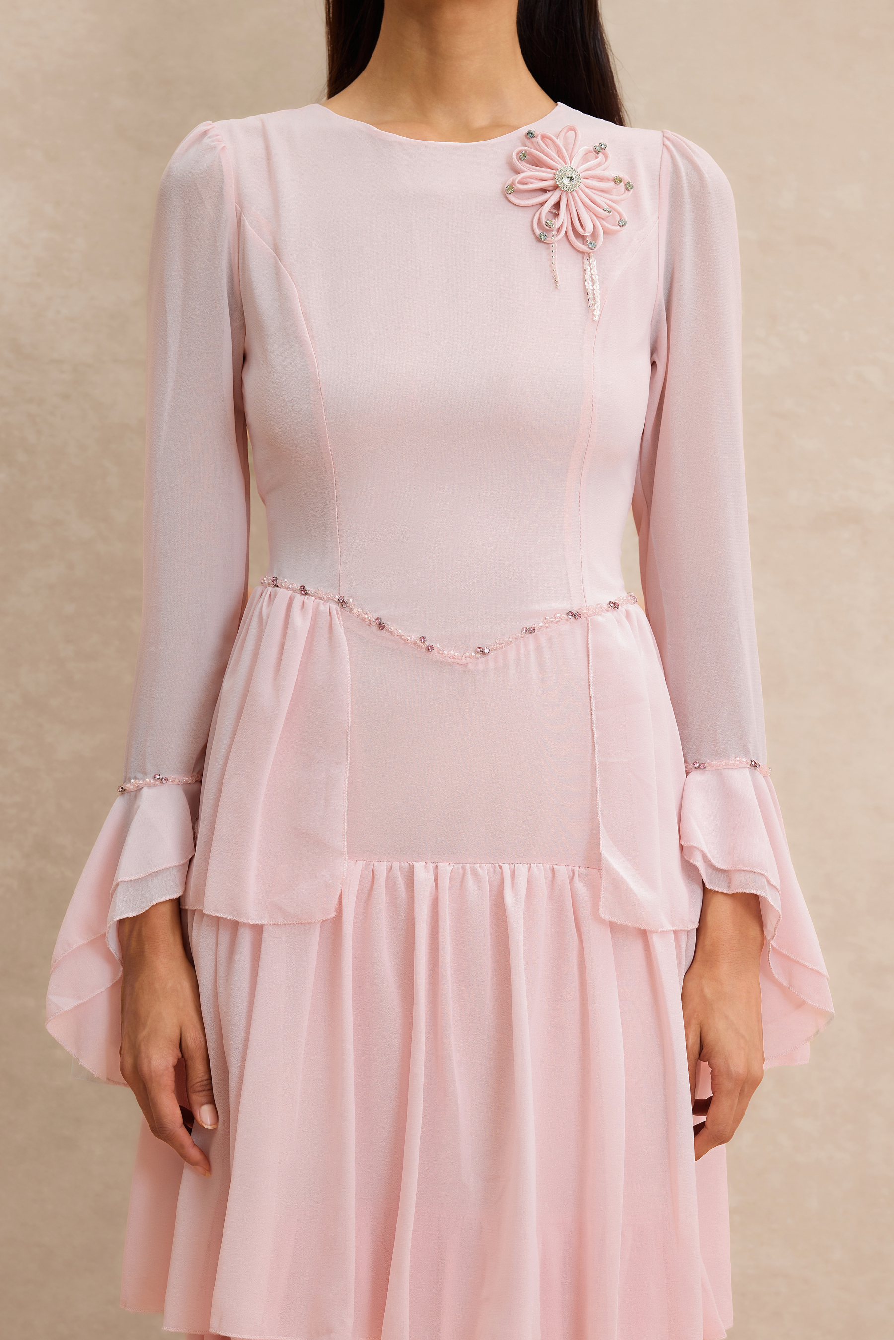 3D Flower Beaded Ruffle Midi Dress