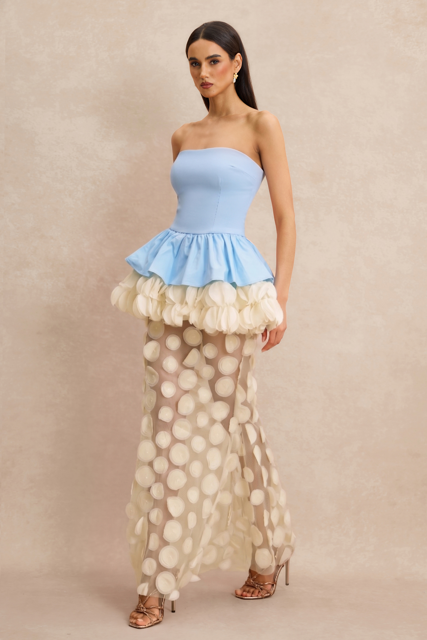 Strapless Floral Peplum Maxi Dress