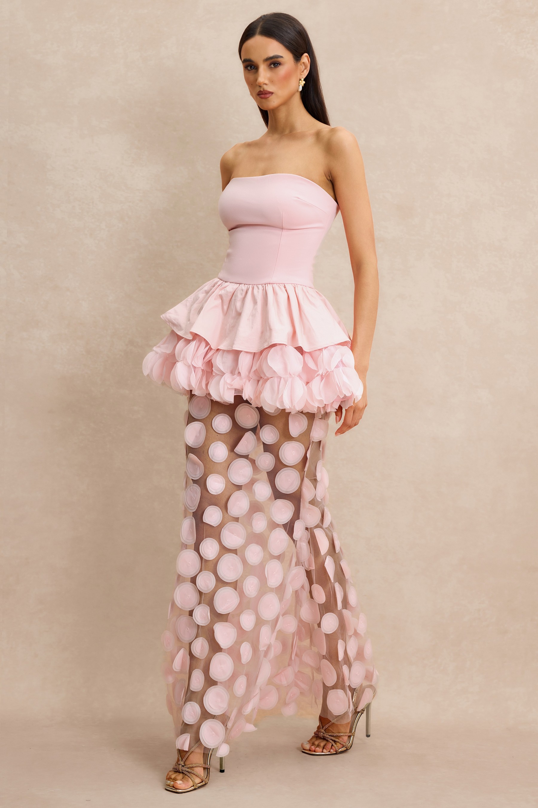Strapless Floral Peplum Maxi Dress