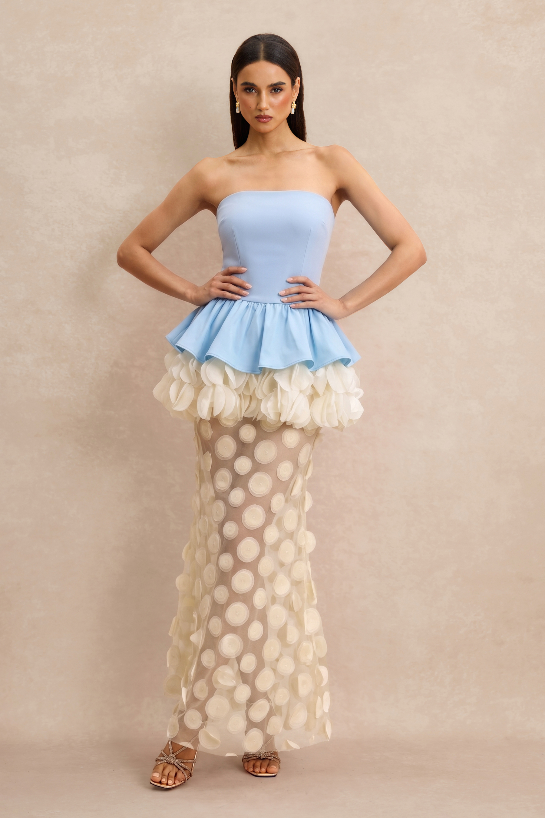 Strapless Floral Peplum Maxi Dress