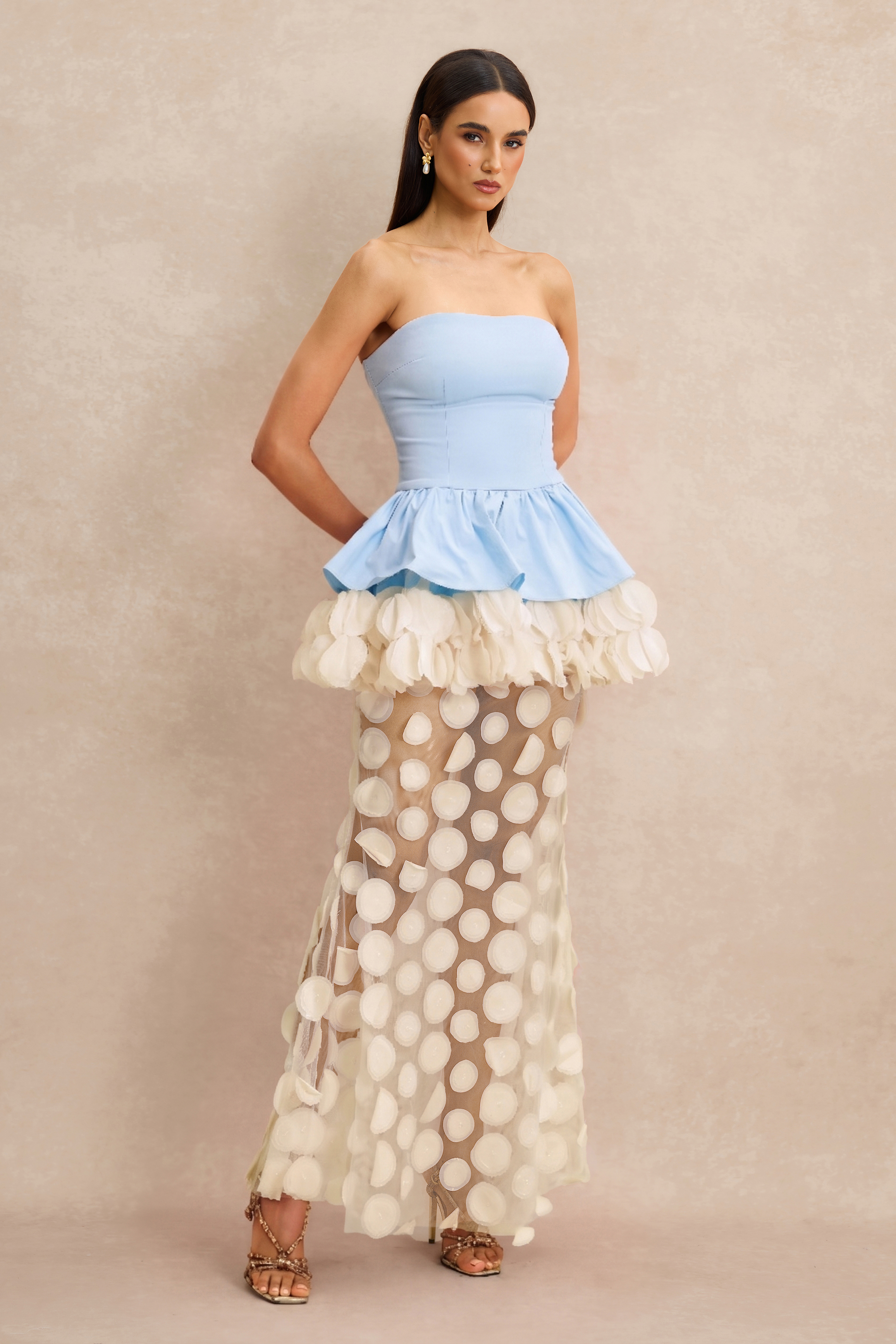 Strapless Floral Peplum Maxi Dress