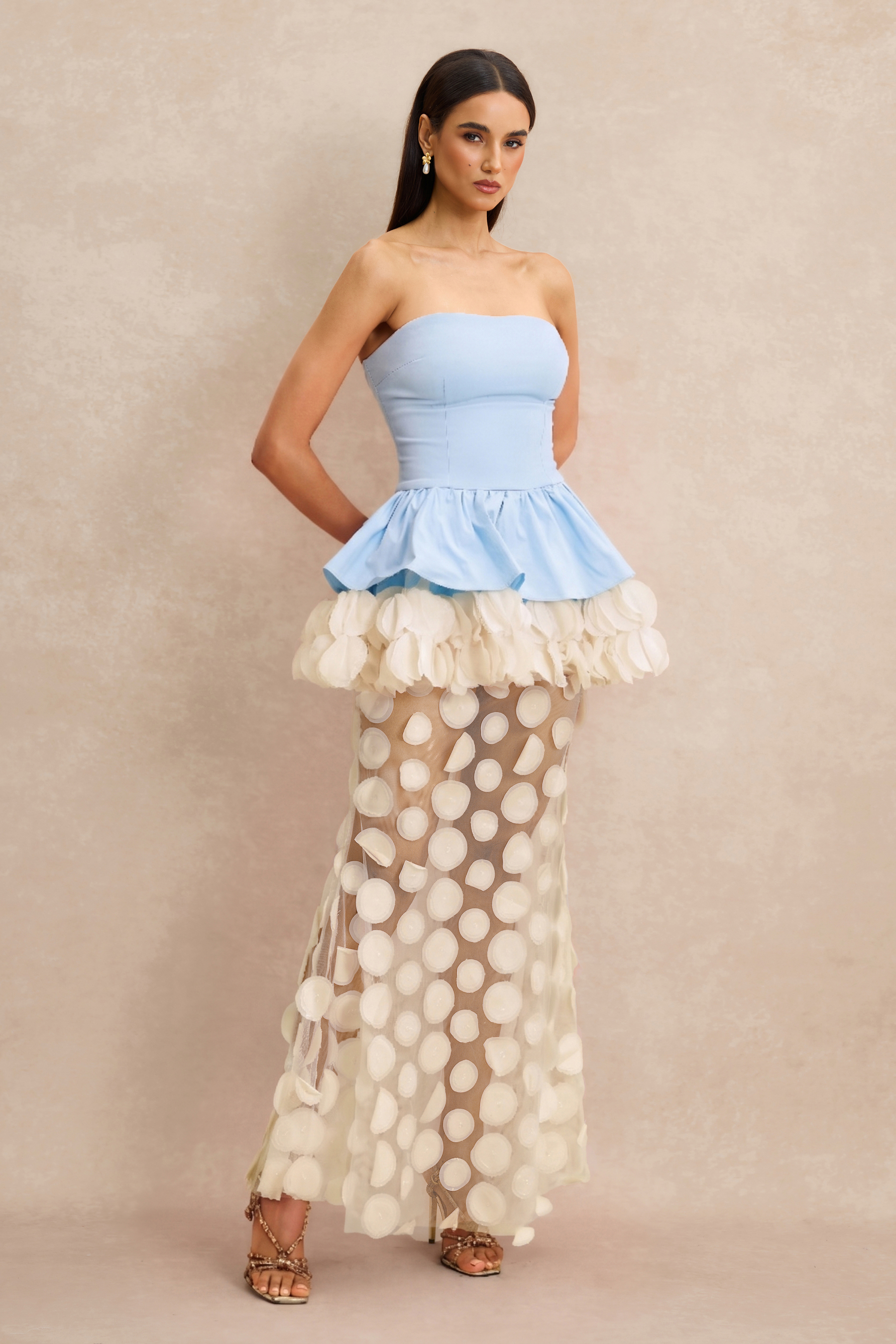 Strapless Floral Peplum Maxi Dress