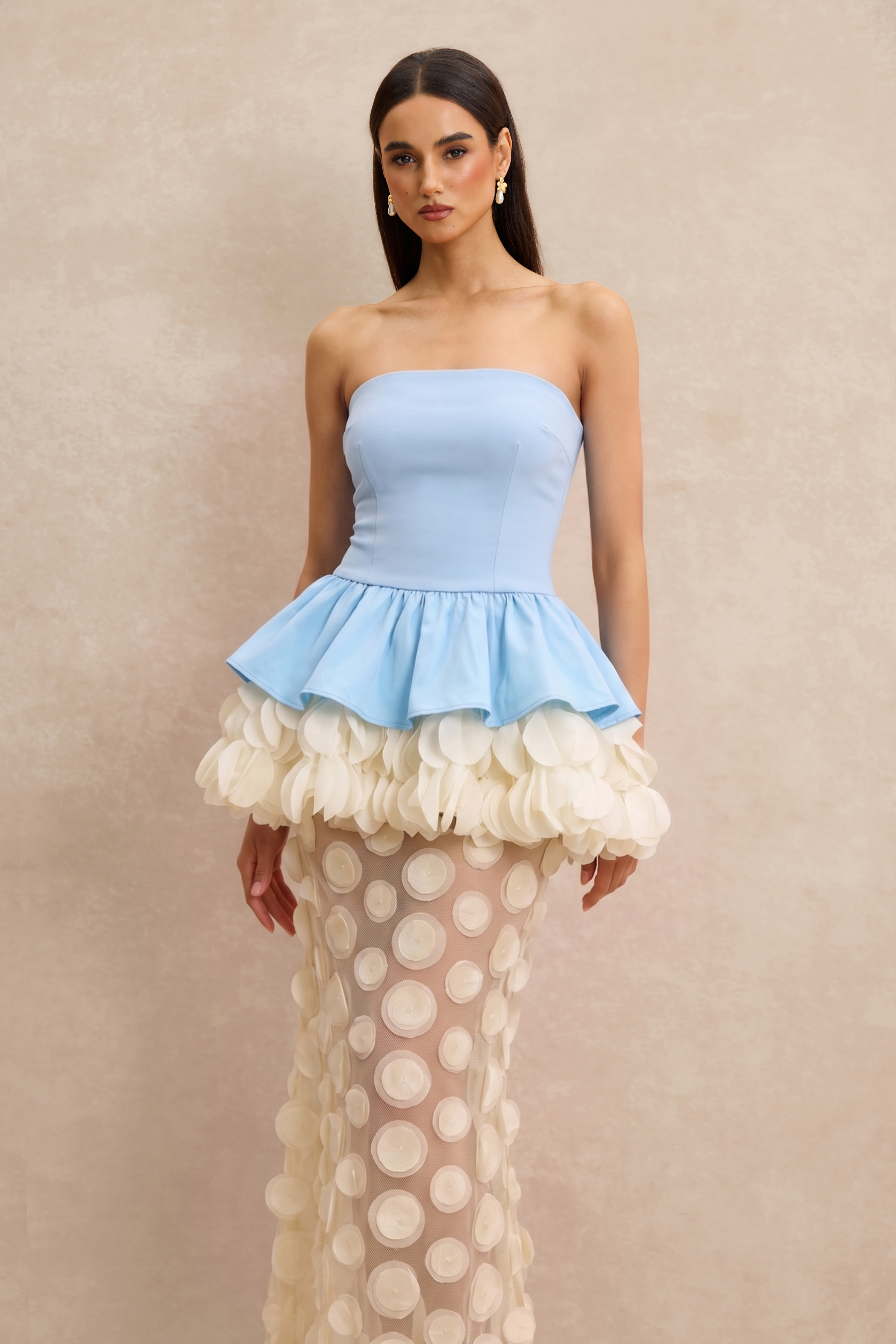 Strapless Floral Peplum Maxi Dress