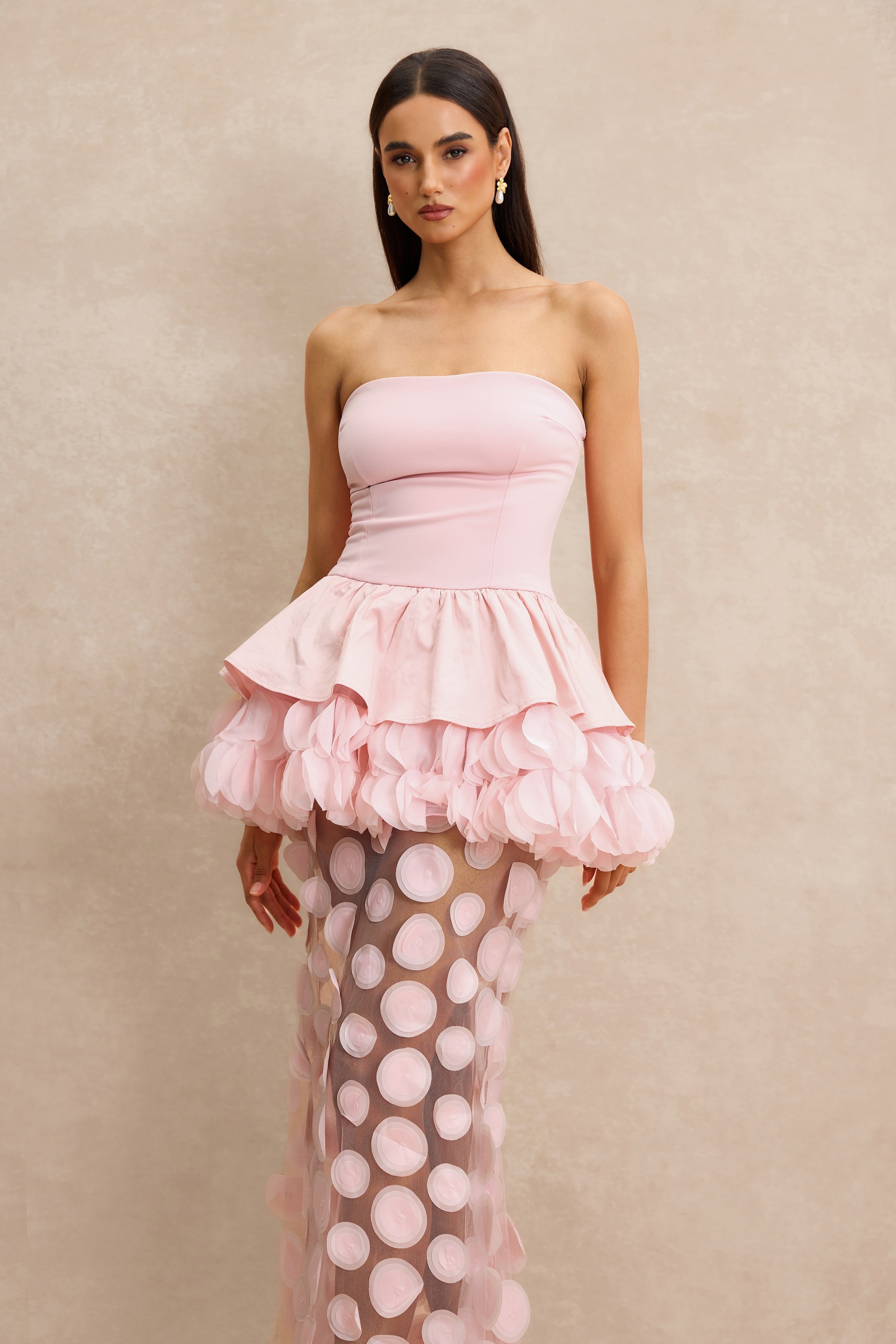 Strapless Floral Peplum Maxi Dress