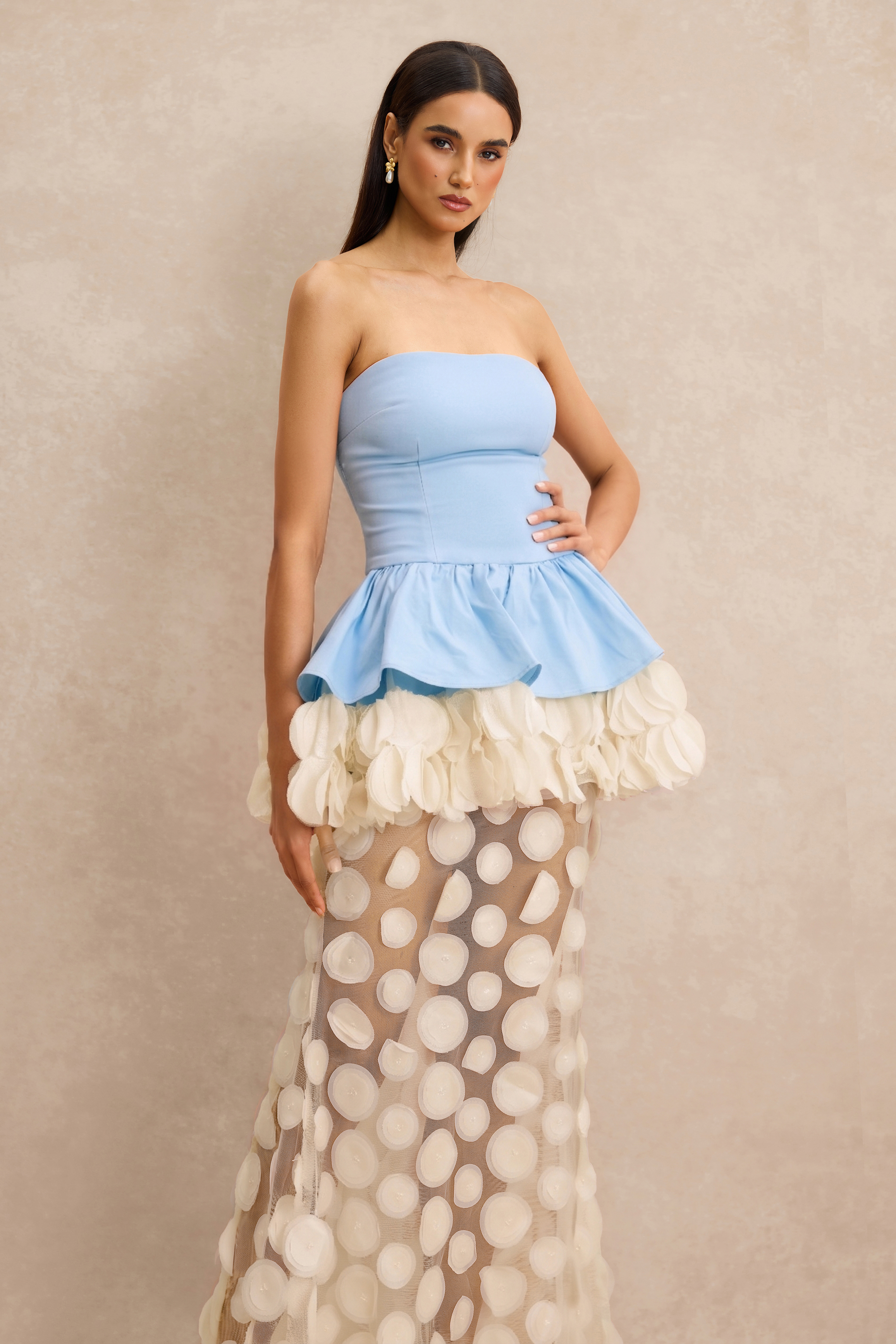 Strapless Floral Peplum Maxi Dress