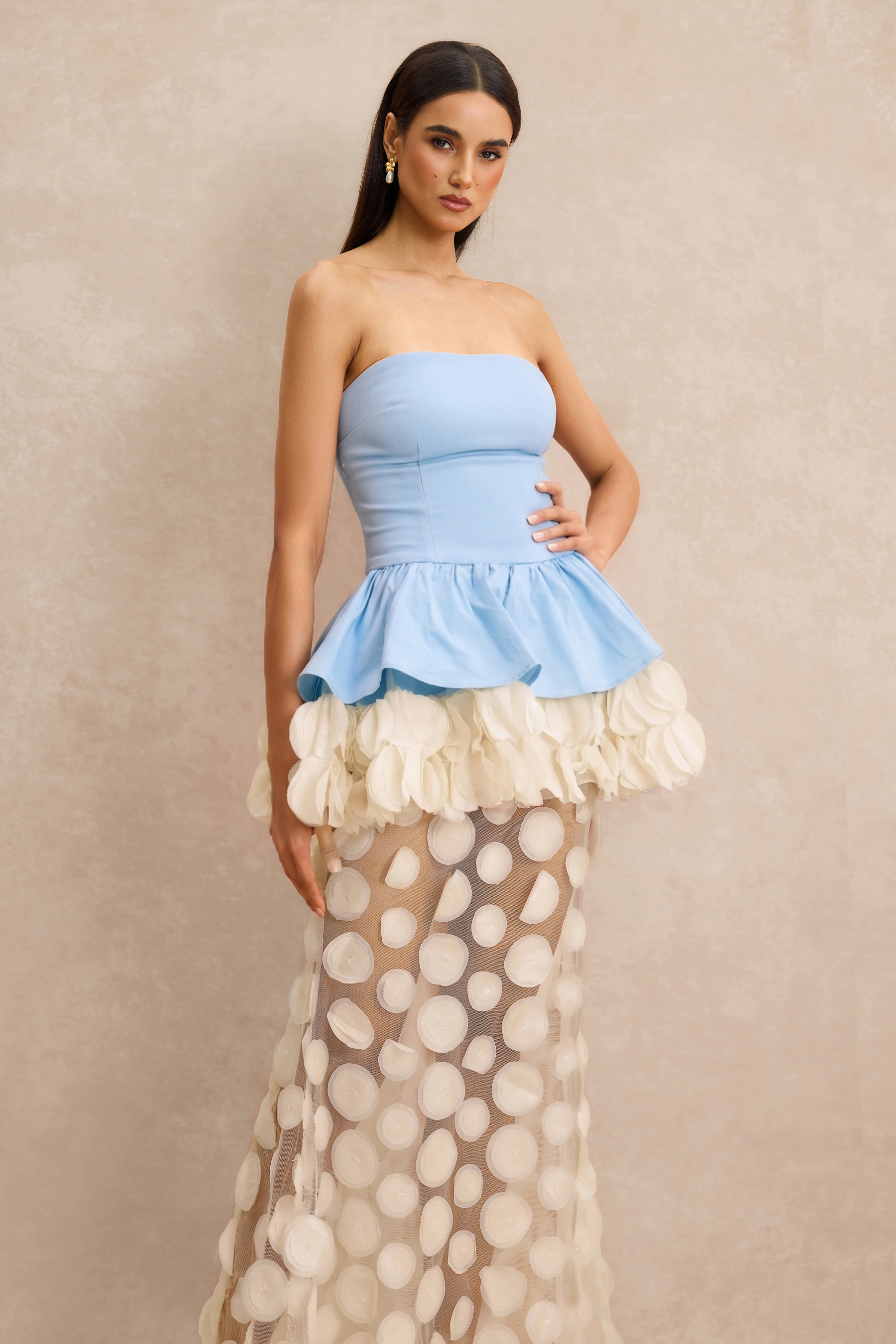 Strapless Floral Peplum Maxi Dress