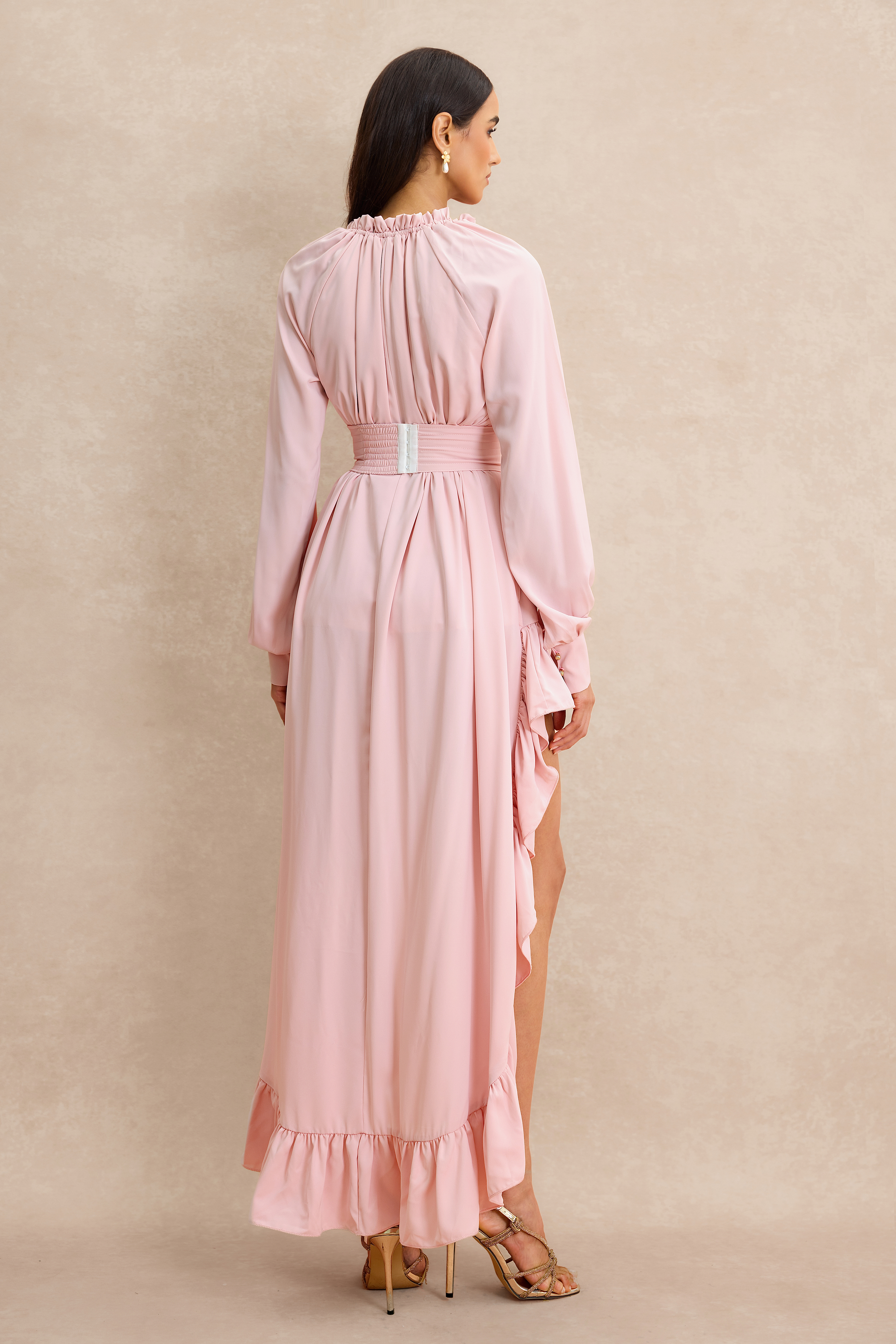 Ruffle Lace-Up Long Sleeve Midi Dress