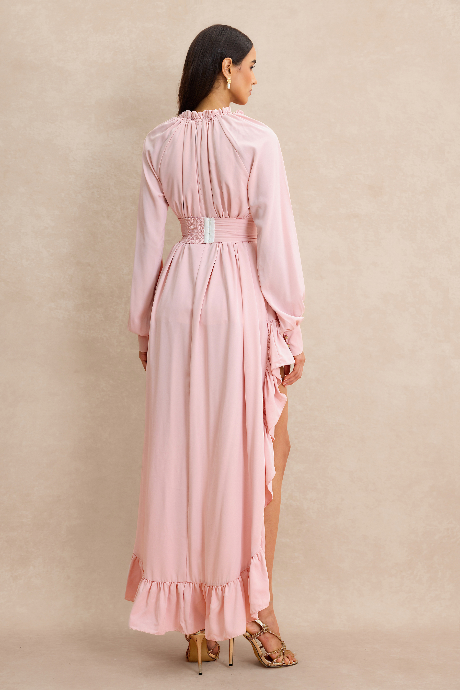 Ruffle Lace-Up Long Sleeve Midi Dress