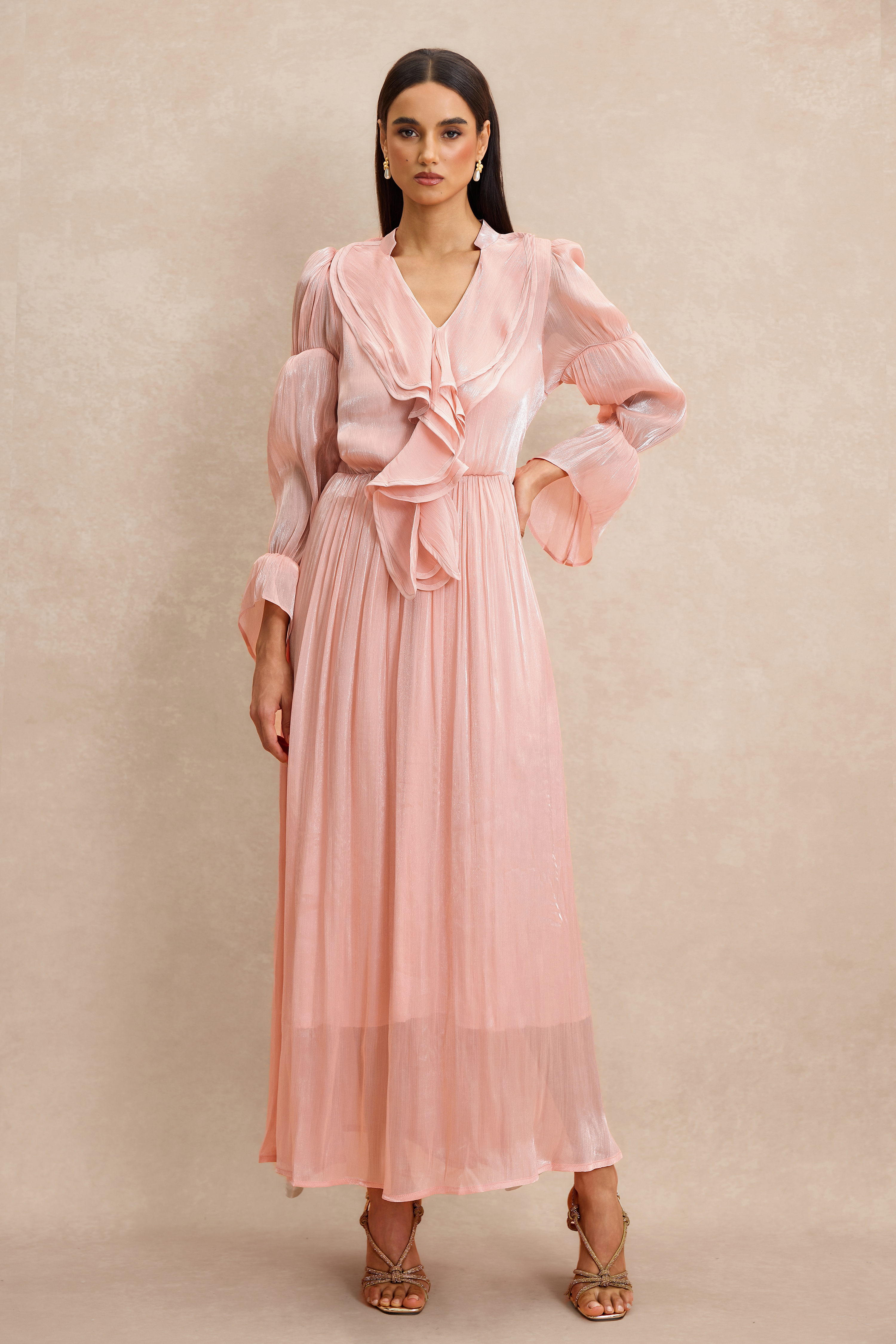 V Neck Ruffle Midi Dress