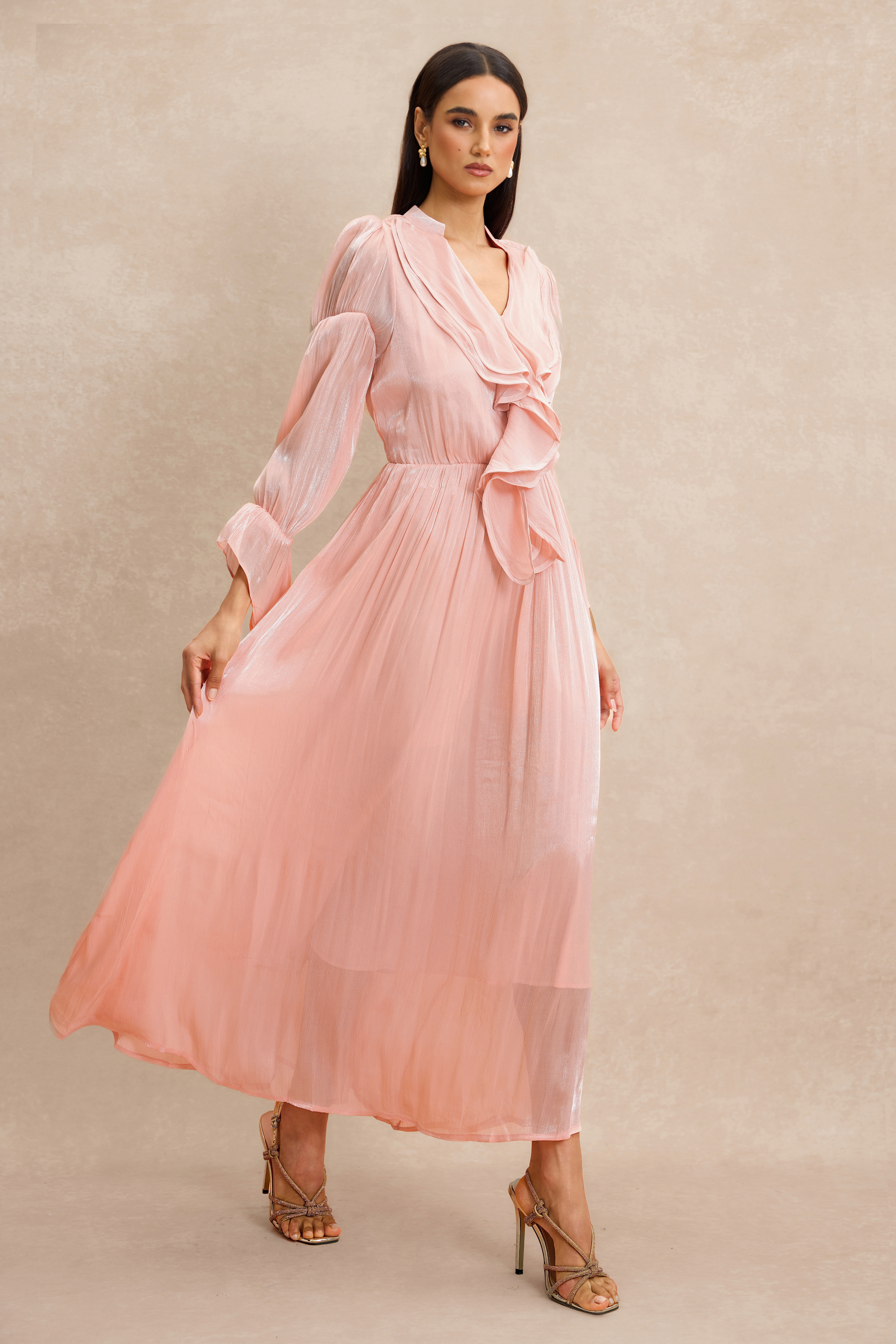 V Neck Ruffle Midi Dress