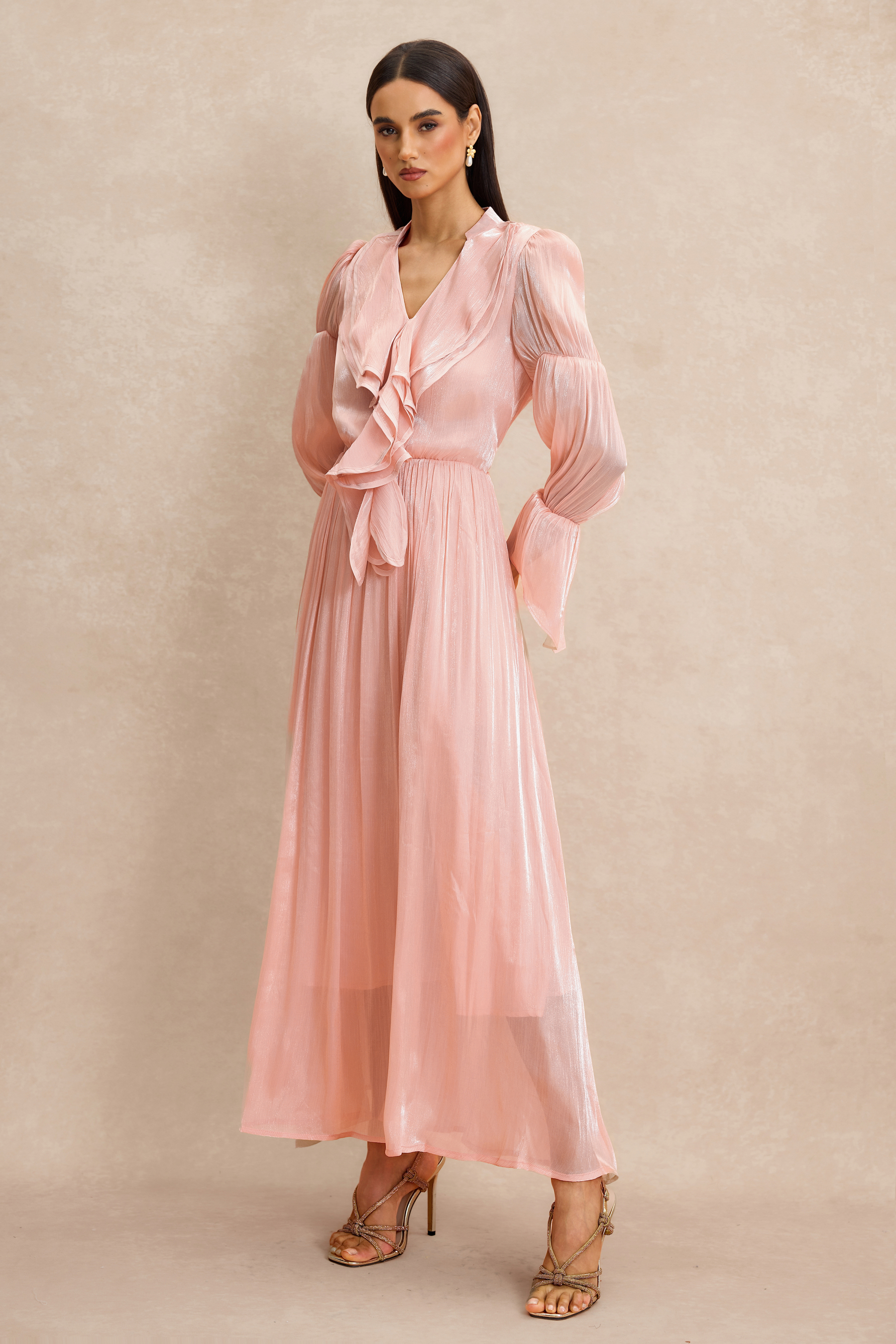 V Neck Ruffle Midi Dress