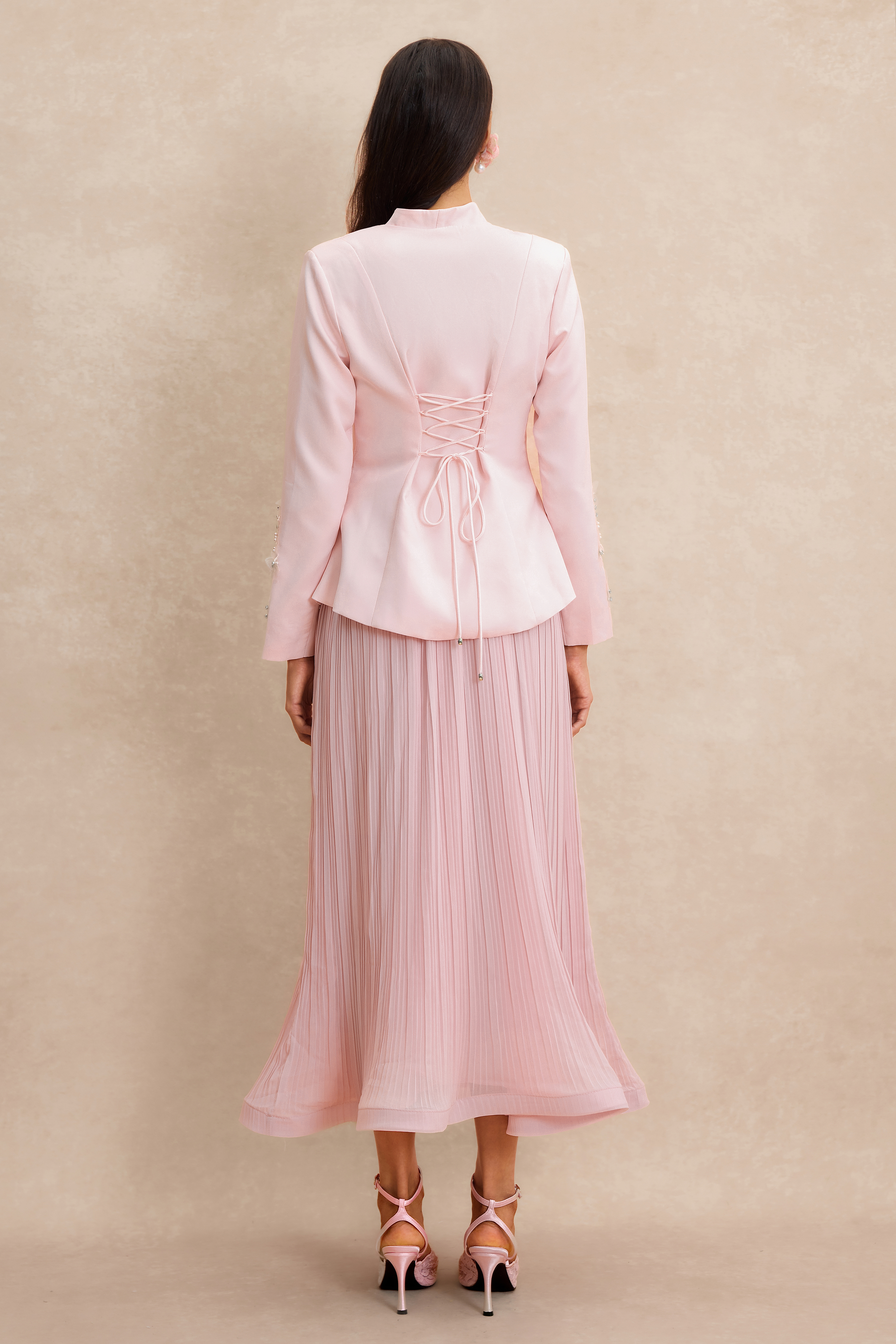 Nail Bead Embroidery Button Top & Midi Skirt Set