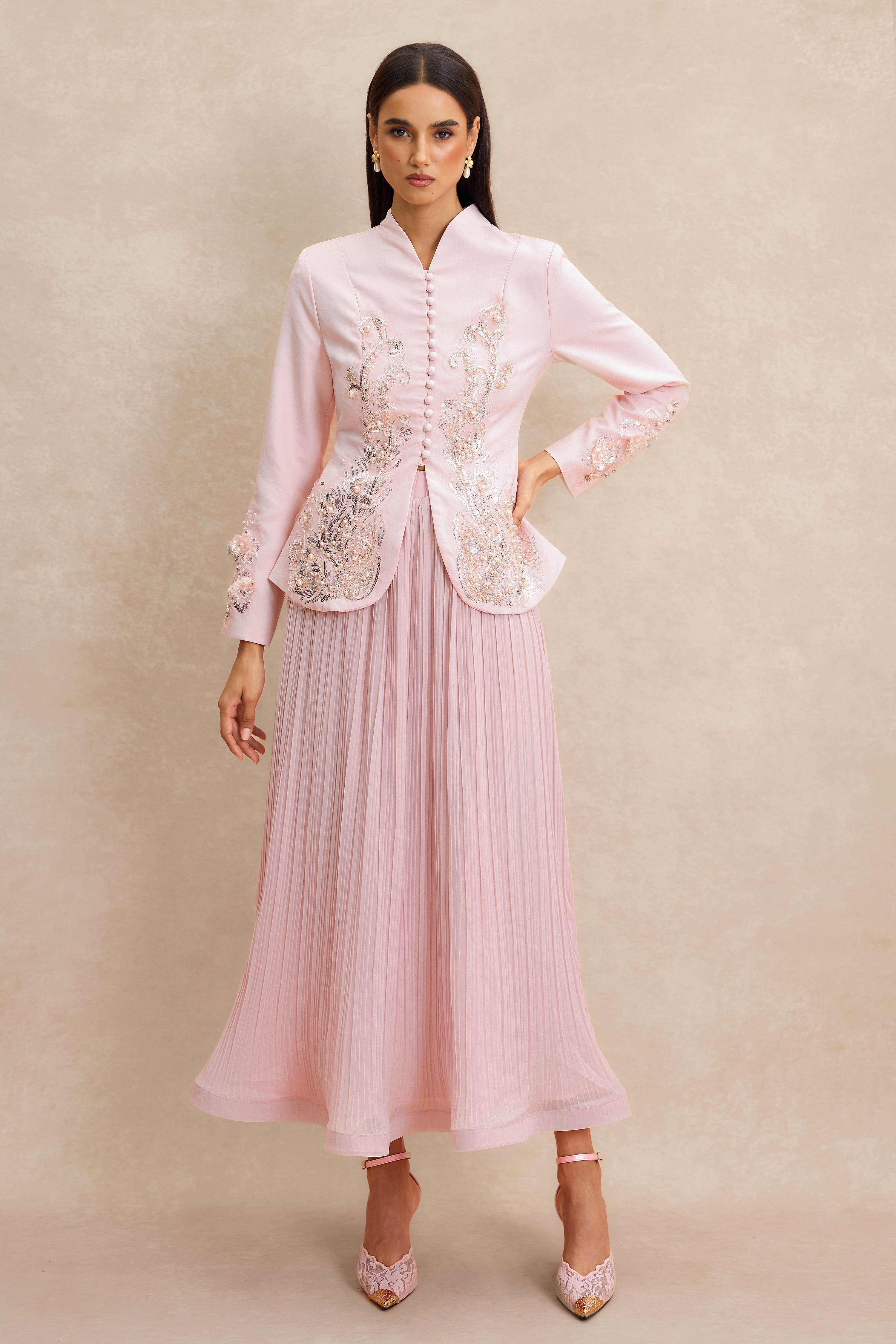 Nail Bead Embroidery Button Top & Midi Skirt Set