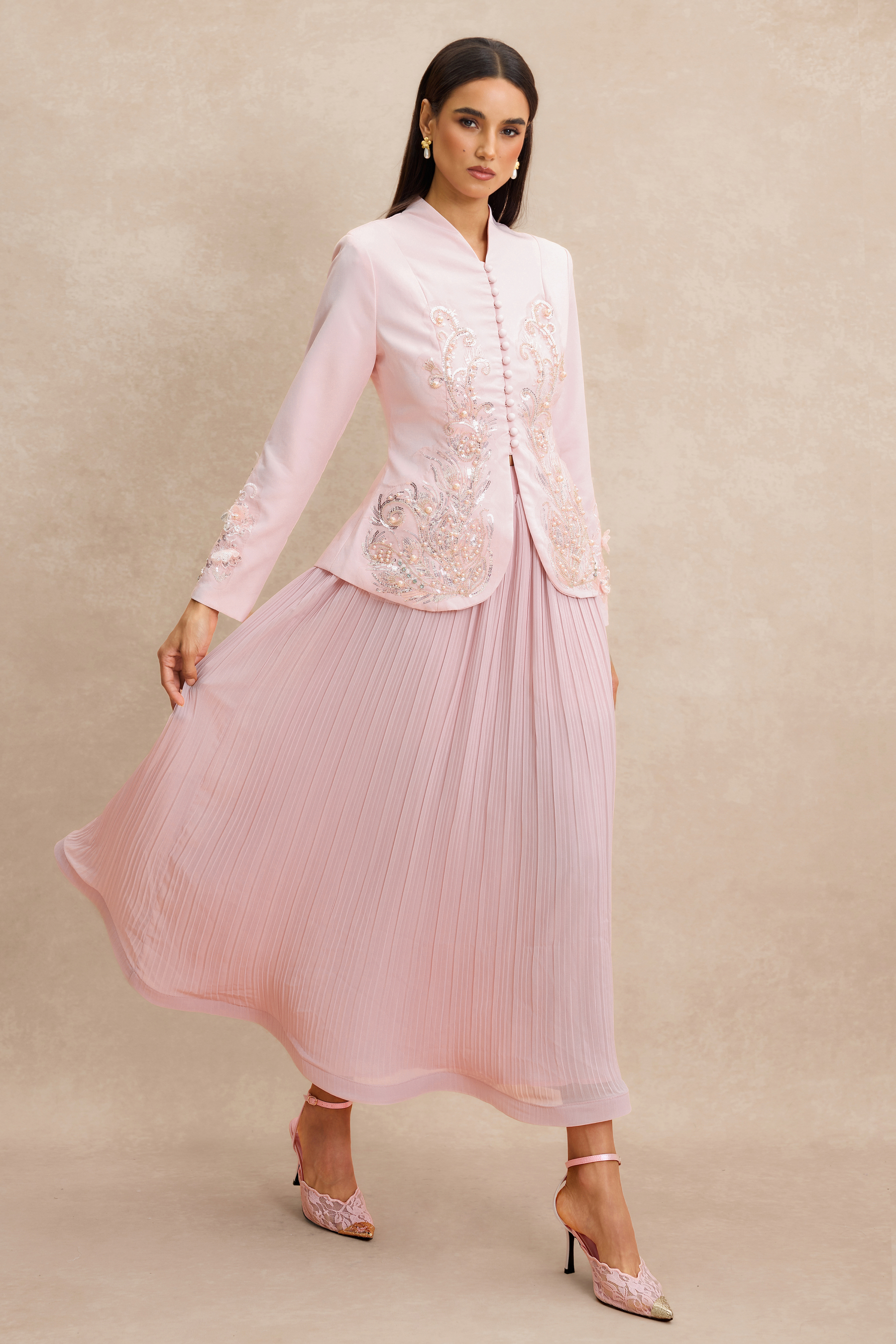 Nail Bead Embroidery Button Top & Midi Skirt Set