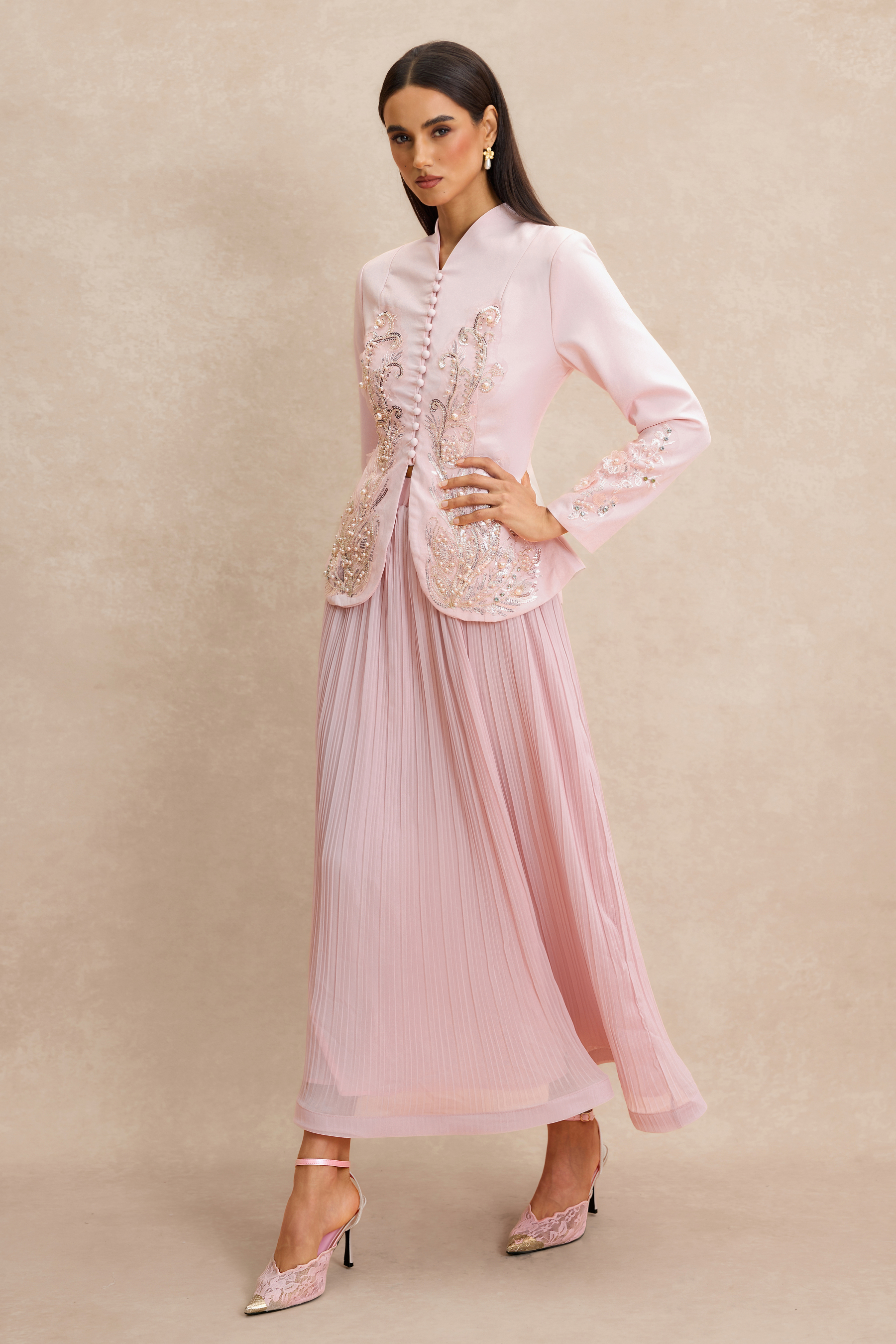 Nail Bead Embroidery Button Top & Midi Skirt Set