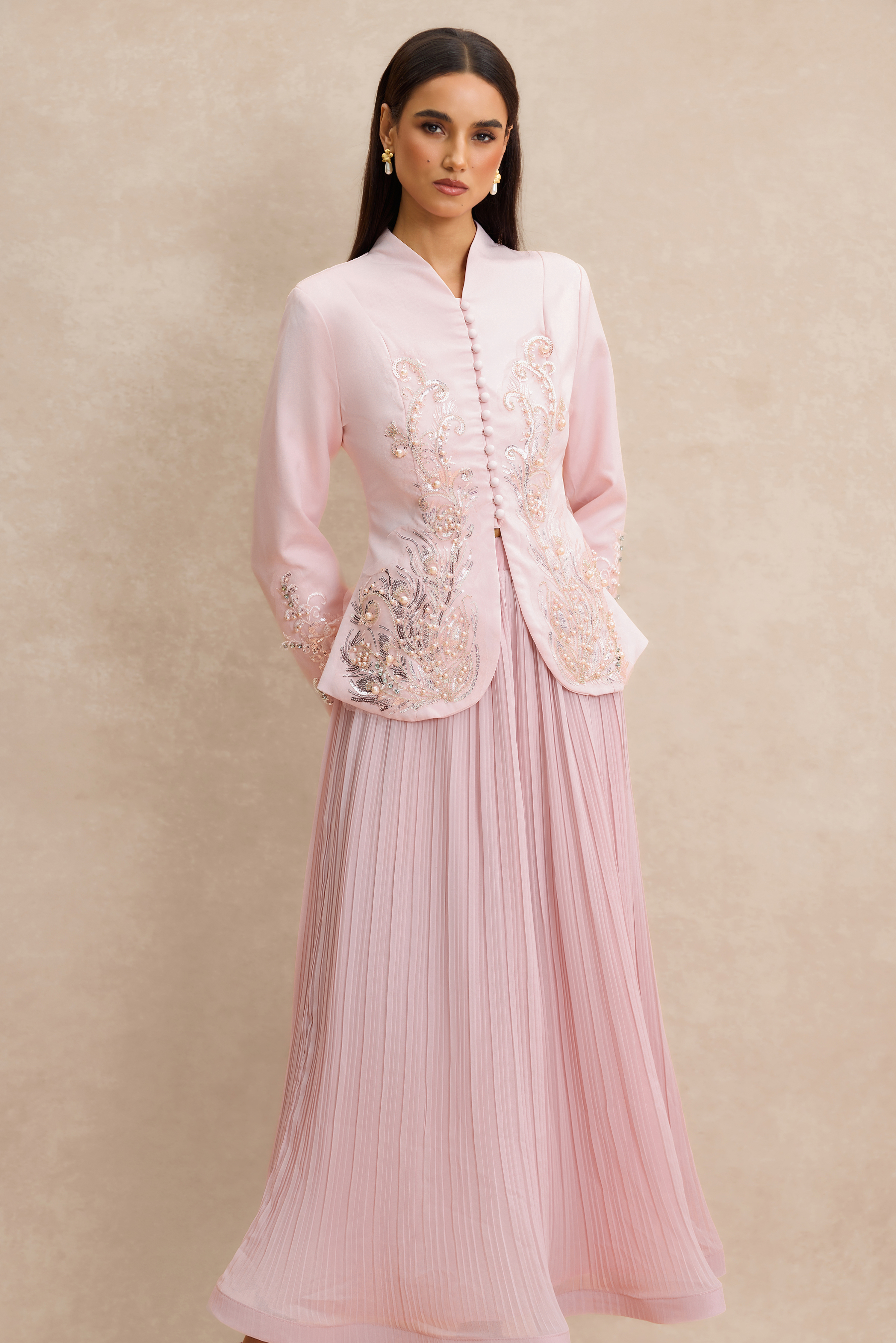 Nail Bead Embroidery Button Top & Midi Skirt Set