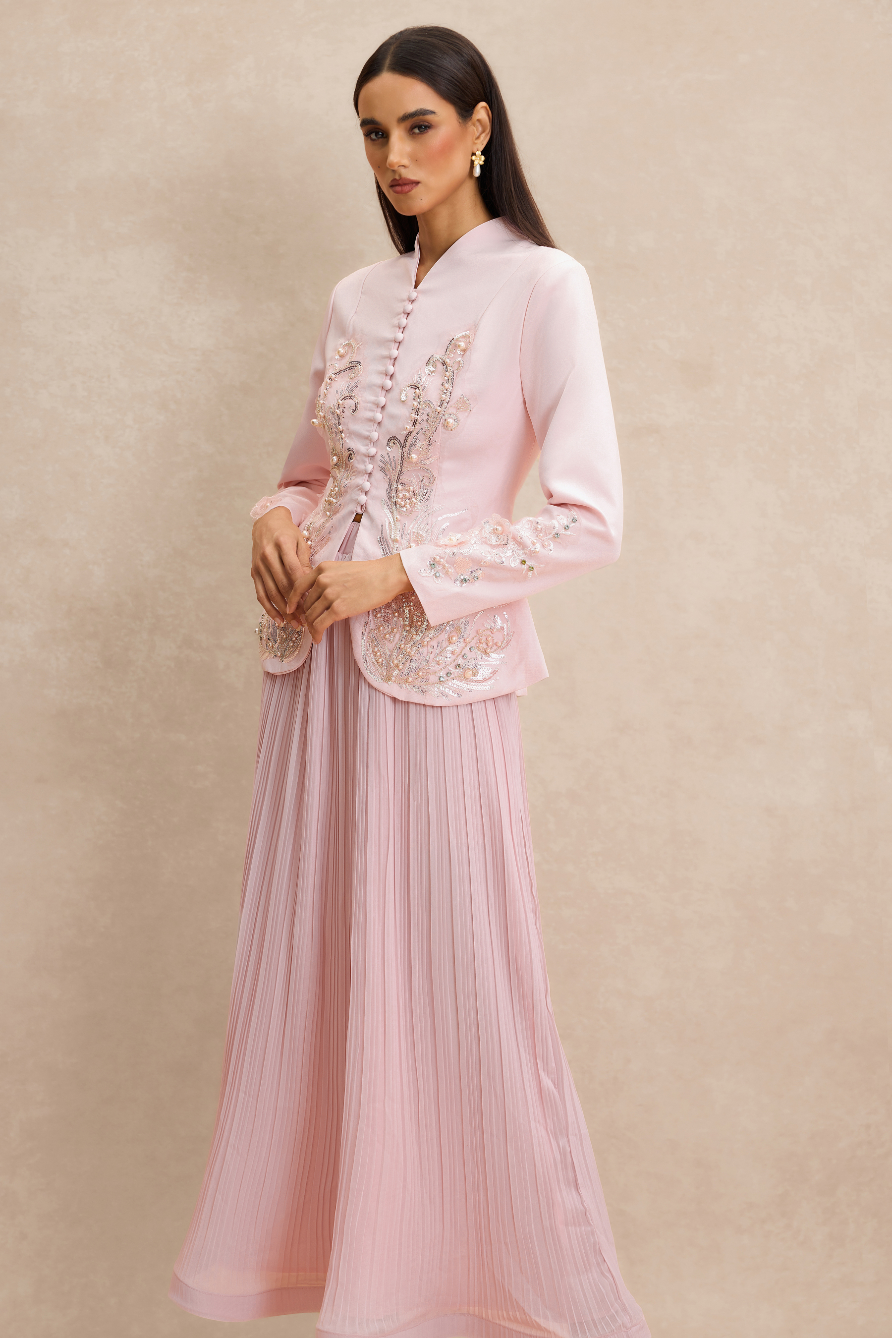 Nail Bead Embroidery Button Top & Midi Skirt Set