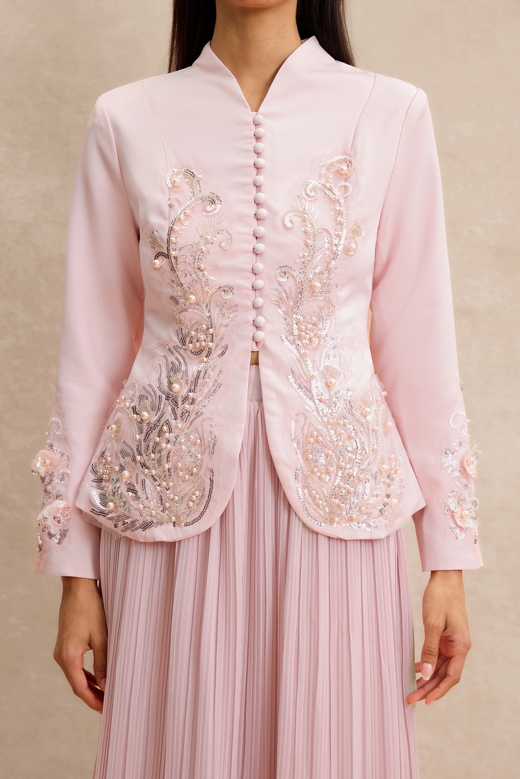 Nail Bead Embroidery Button Top & Midi Skirt Set