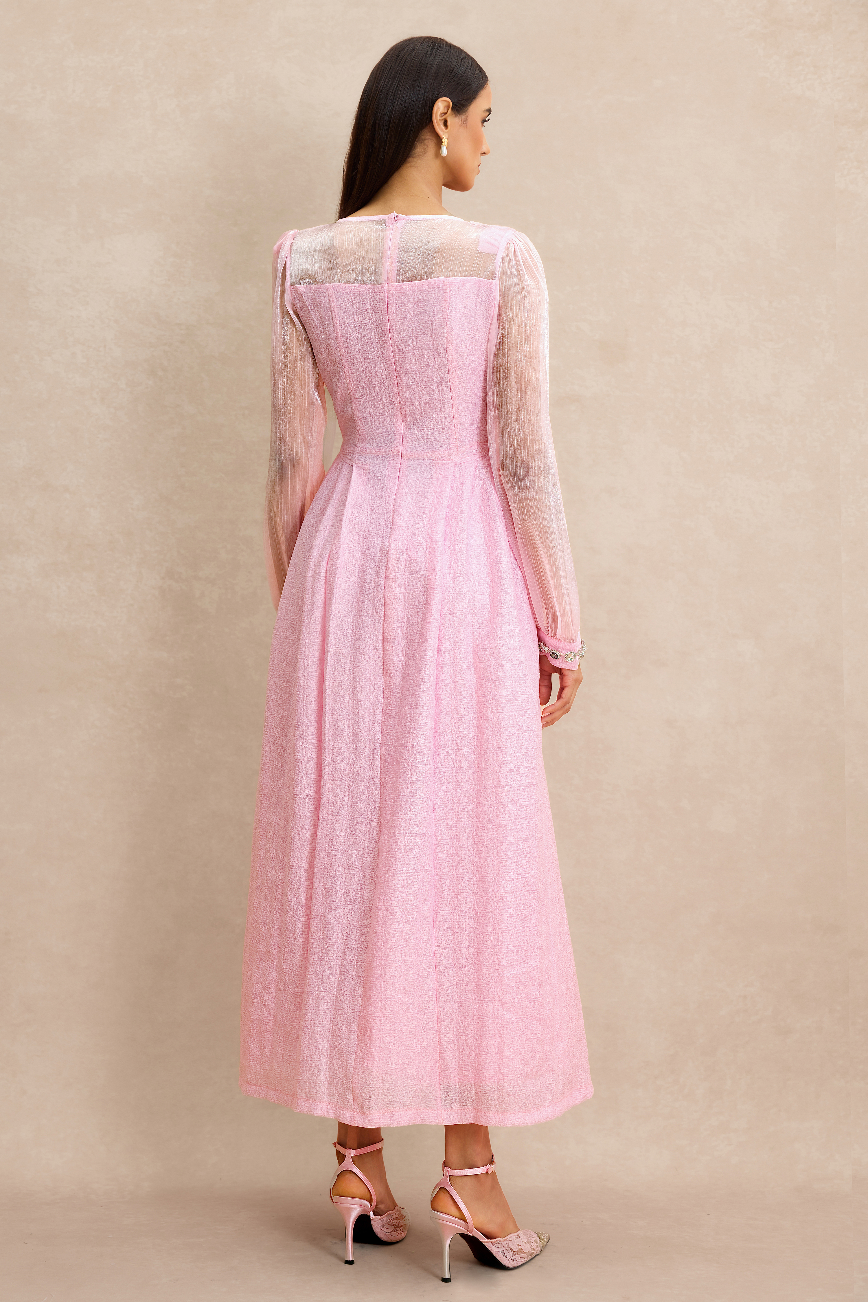 Organza Splicing Rhinestone Square Neck Midi Dress