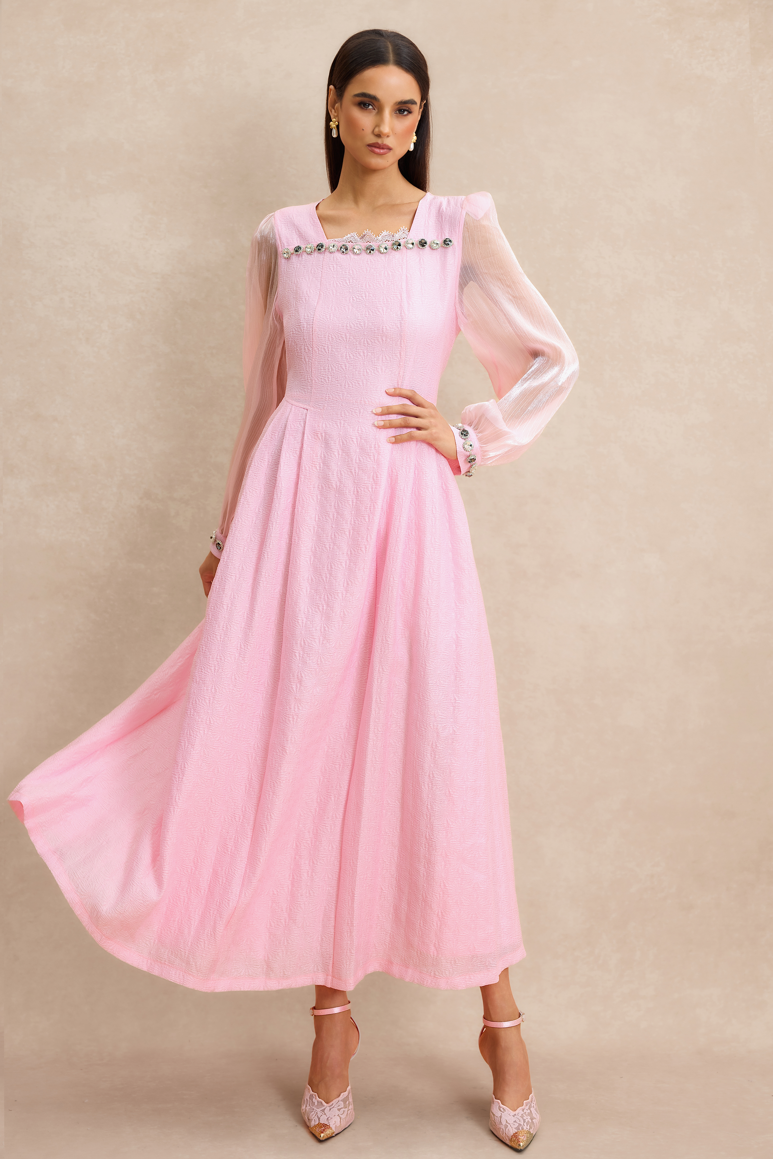 Organza Splicing Rhinestone Square Neck Midi Dress