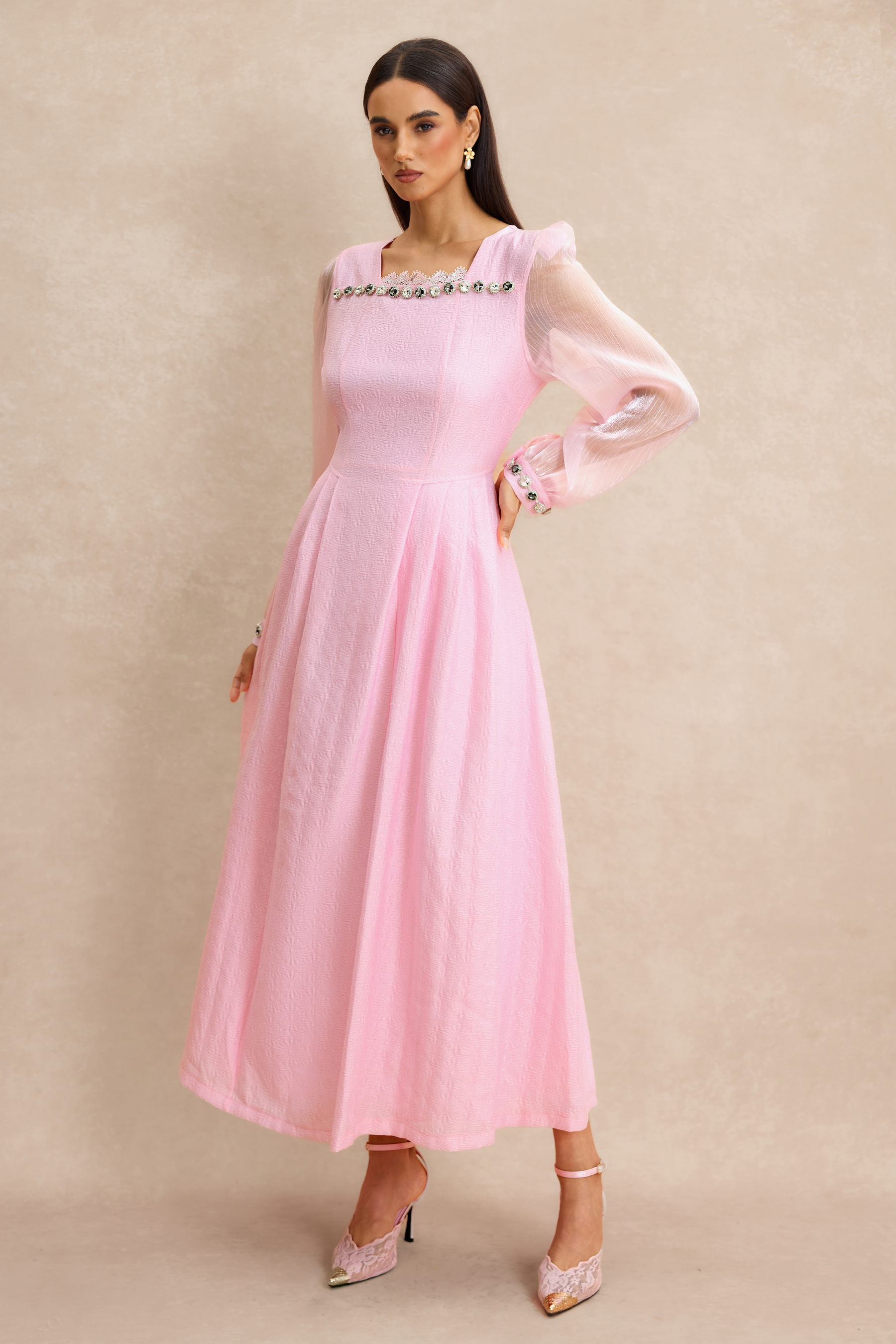 Organza Splicing Rhinestone Square Neck Midi Dress