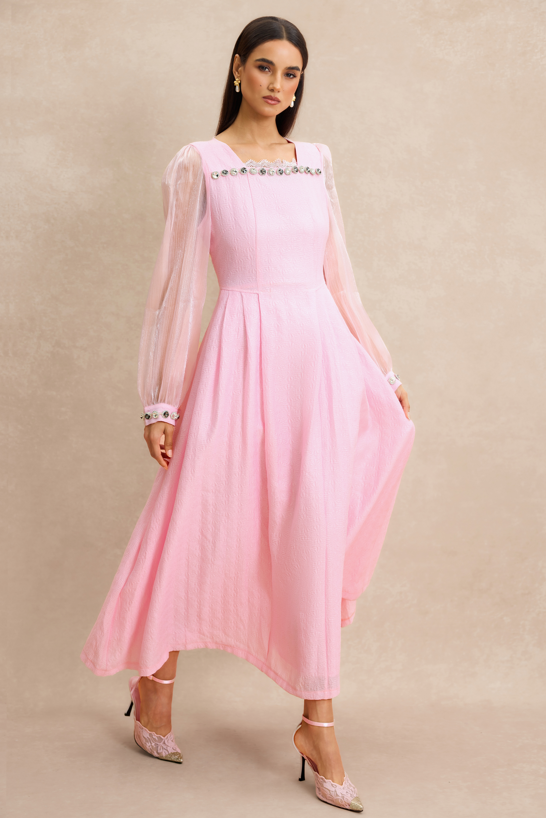 Organza Splicing Rhinestone Square Neck Midi Dress