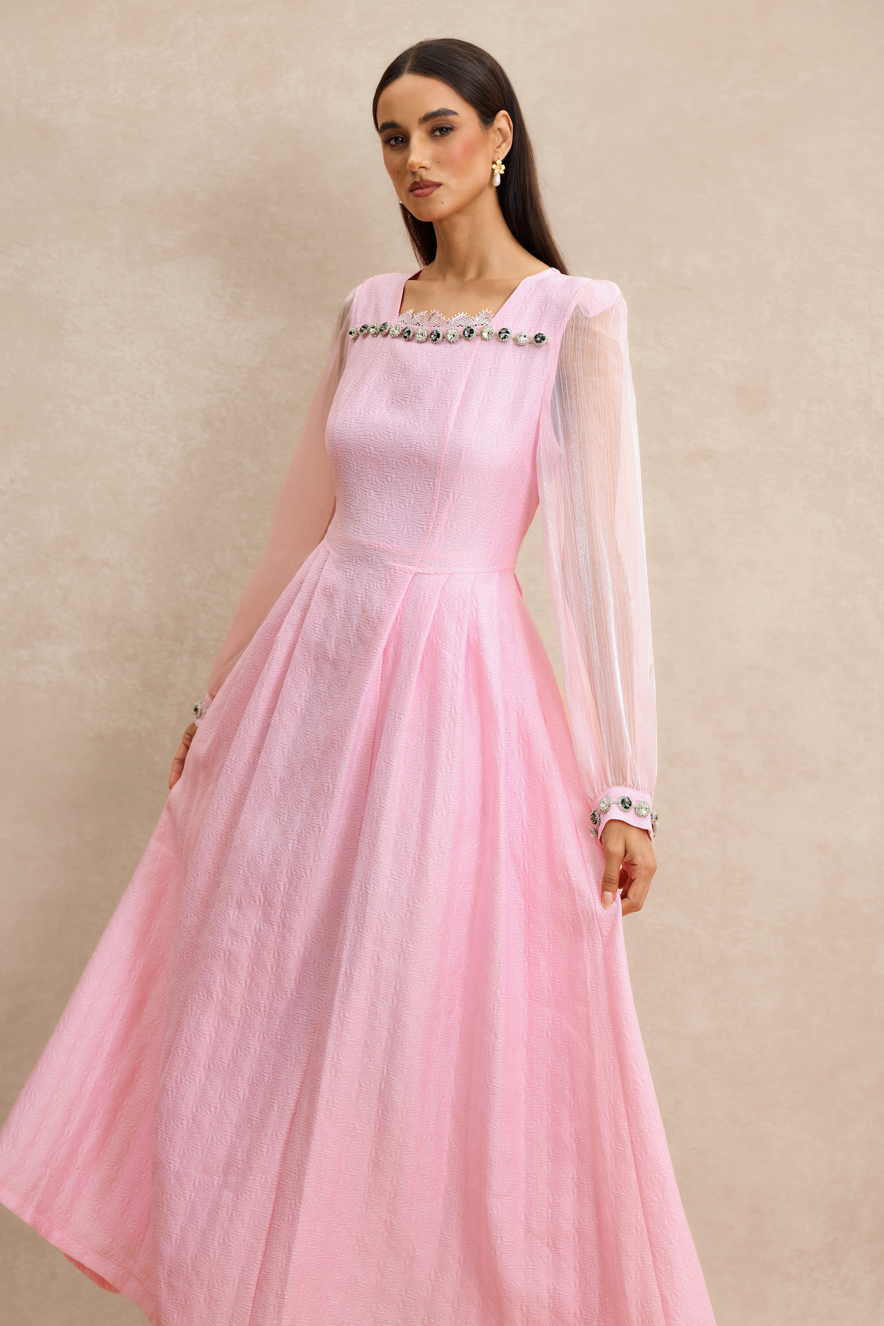 Organza Splicing Rhinestone Square Neck Midi Dress
