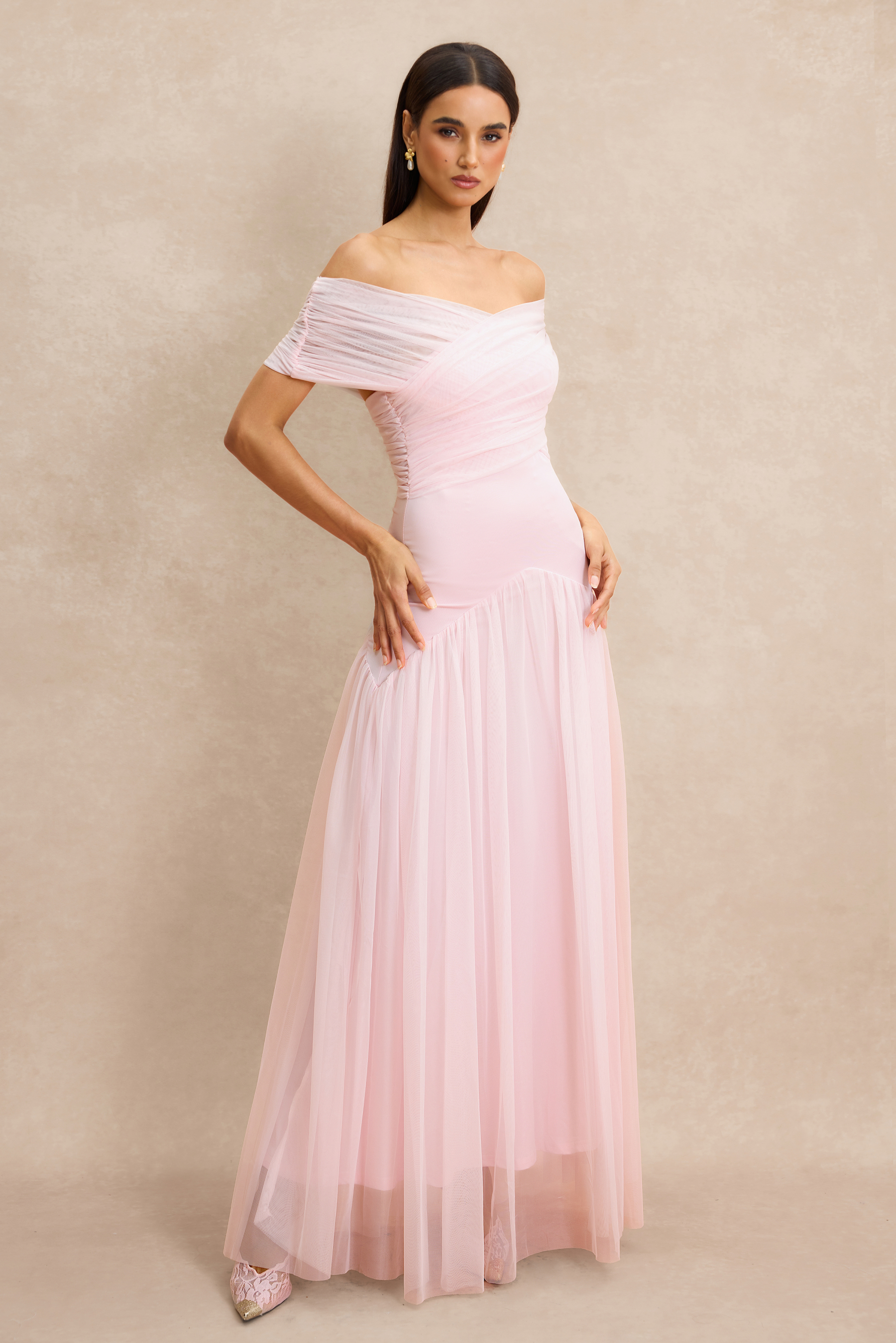 Gathering Solid Off Shoulder Midi Dress