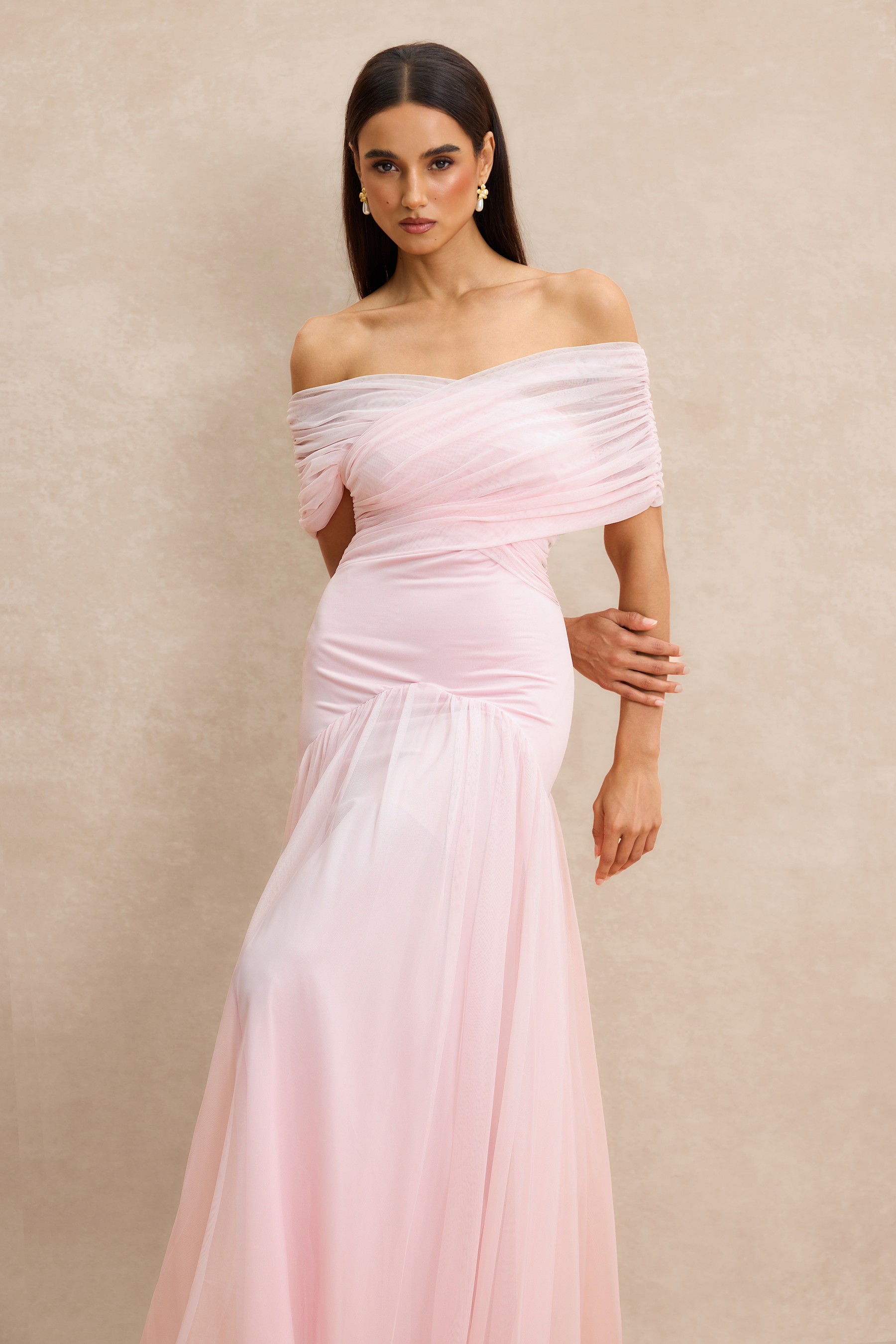 Gathering Solid Off Shoulder Midi Dress