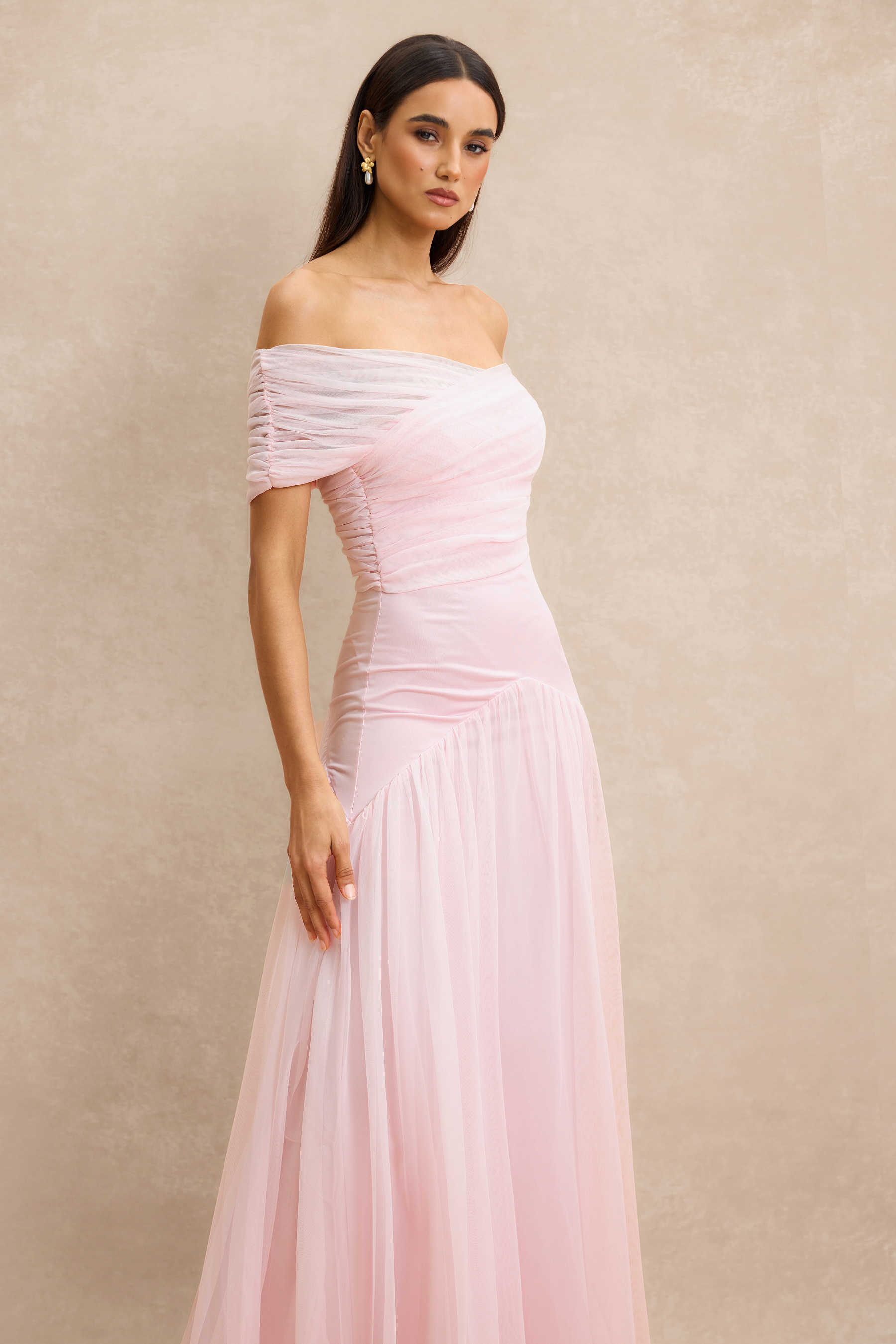 Gathering Solid Off Shoulder Midi Dress