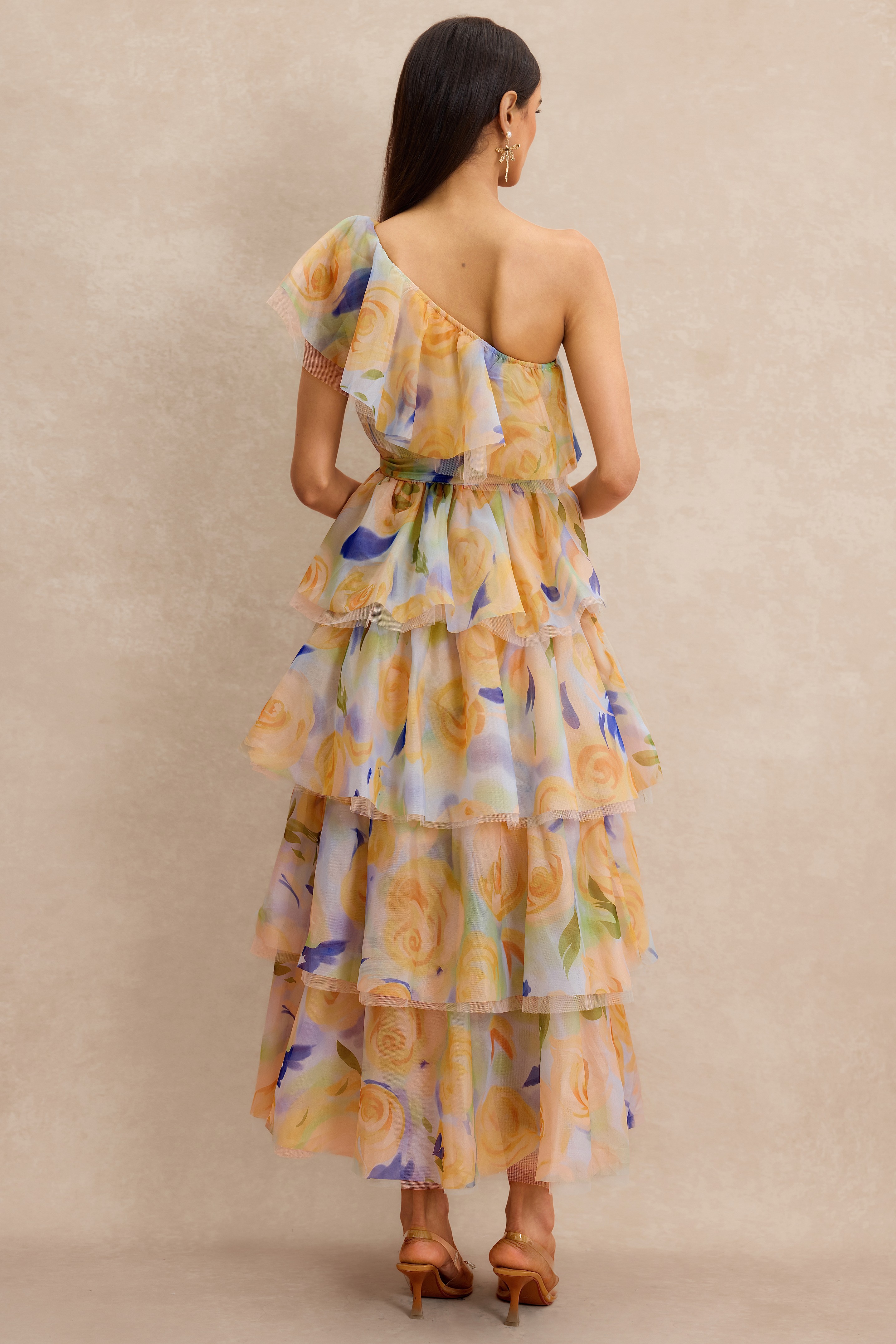 Floral Ruffle One Shoulder Midi Dress