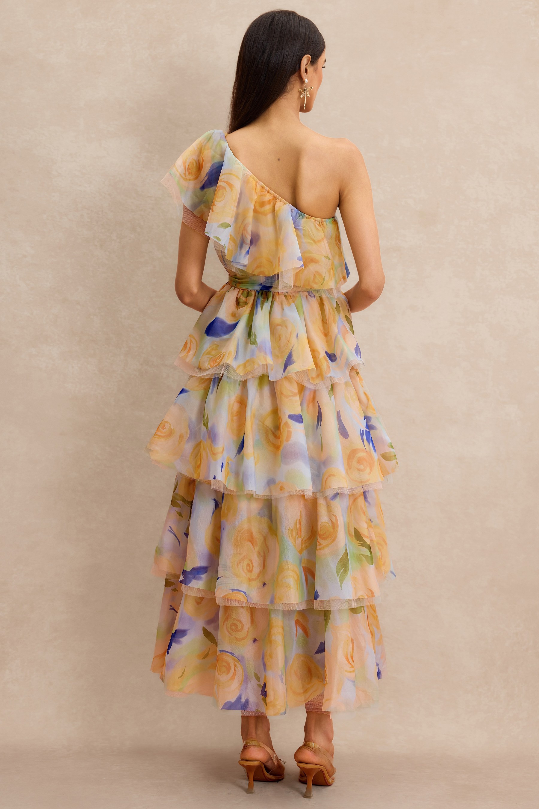 Floral Ruffle One Shoulder Midi Dress