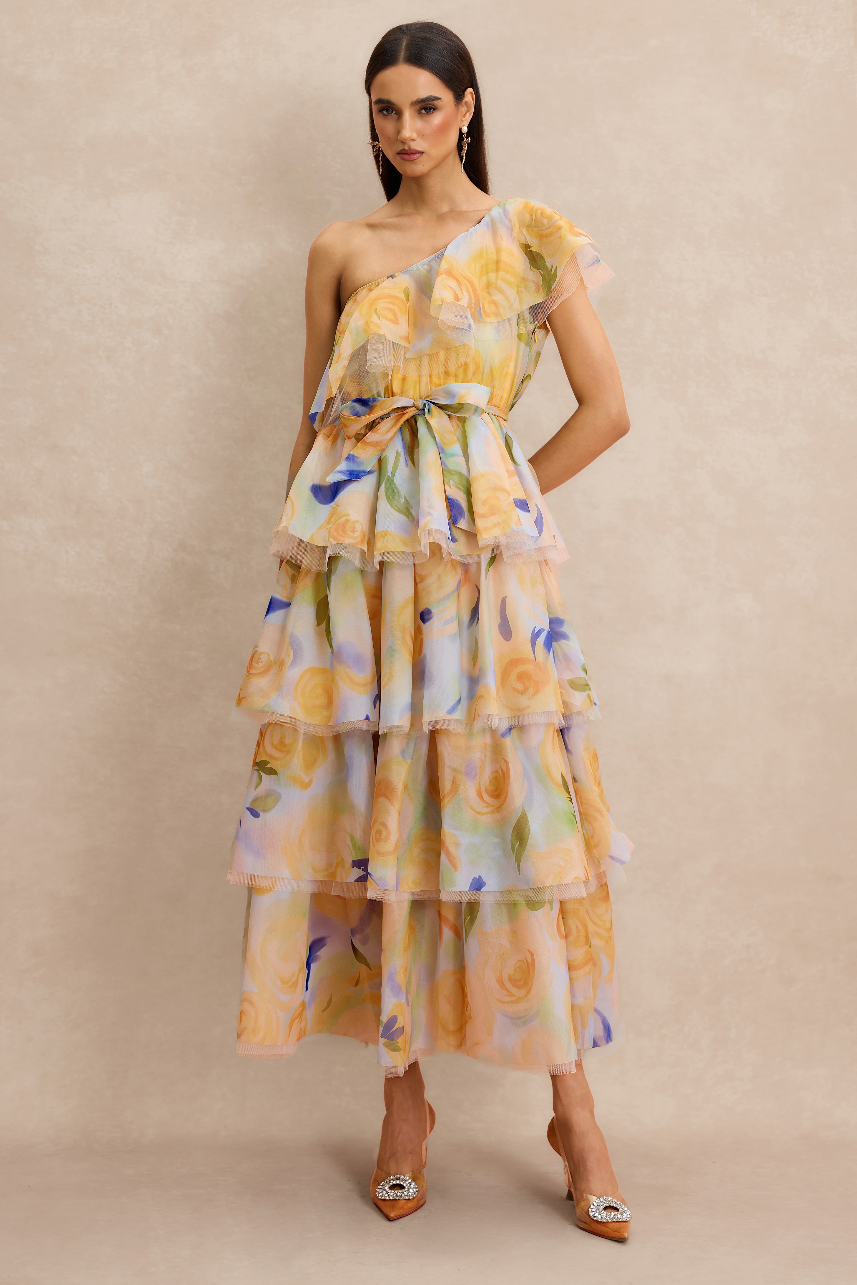 Floral Ruffle One Shoulder Midi Dress