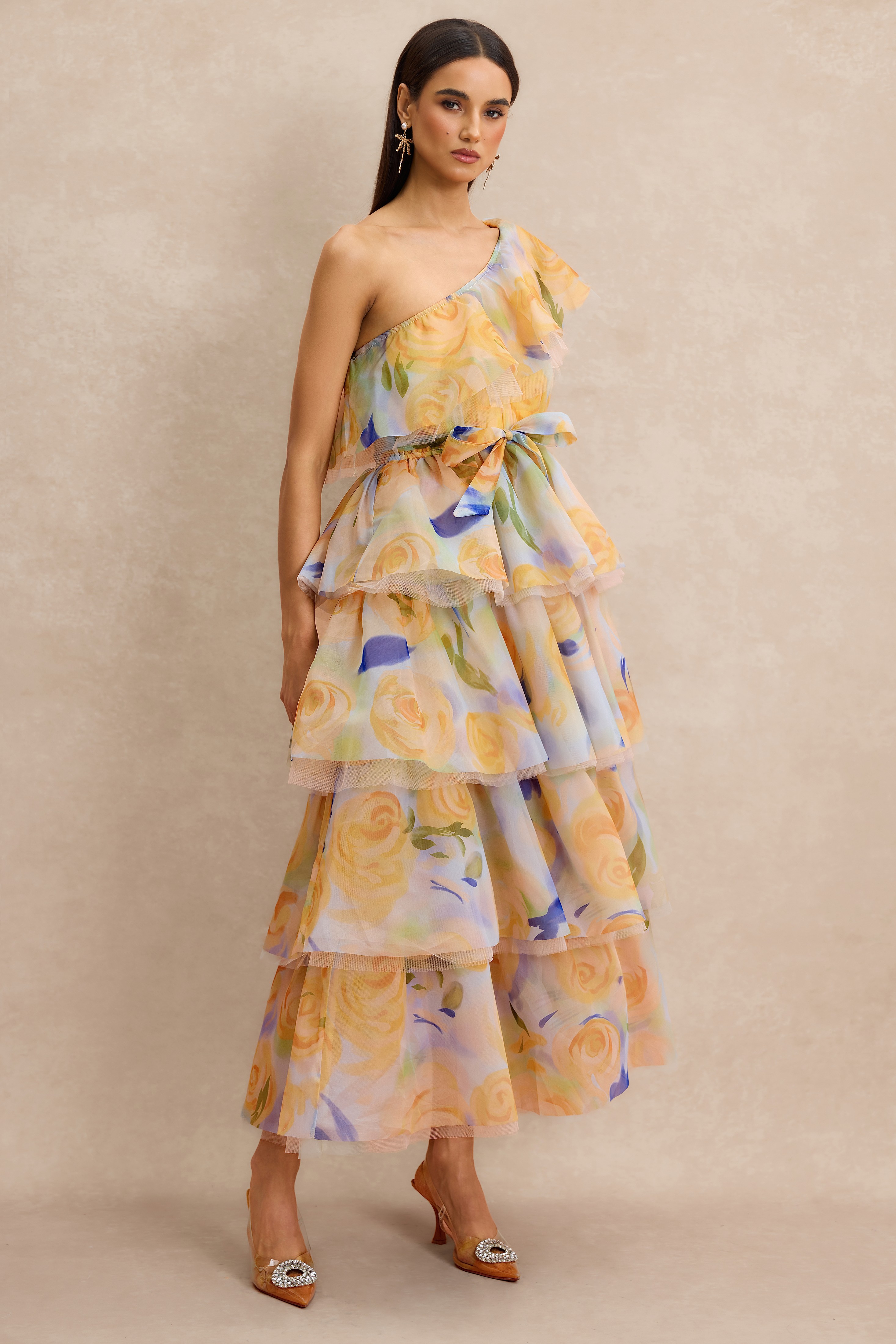 Floral Ruffle One Shoulder Midi Dress