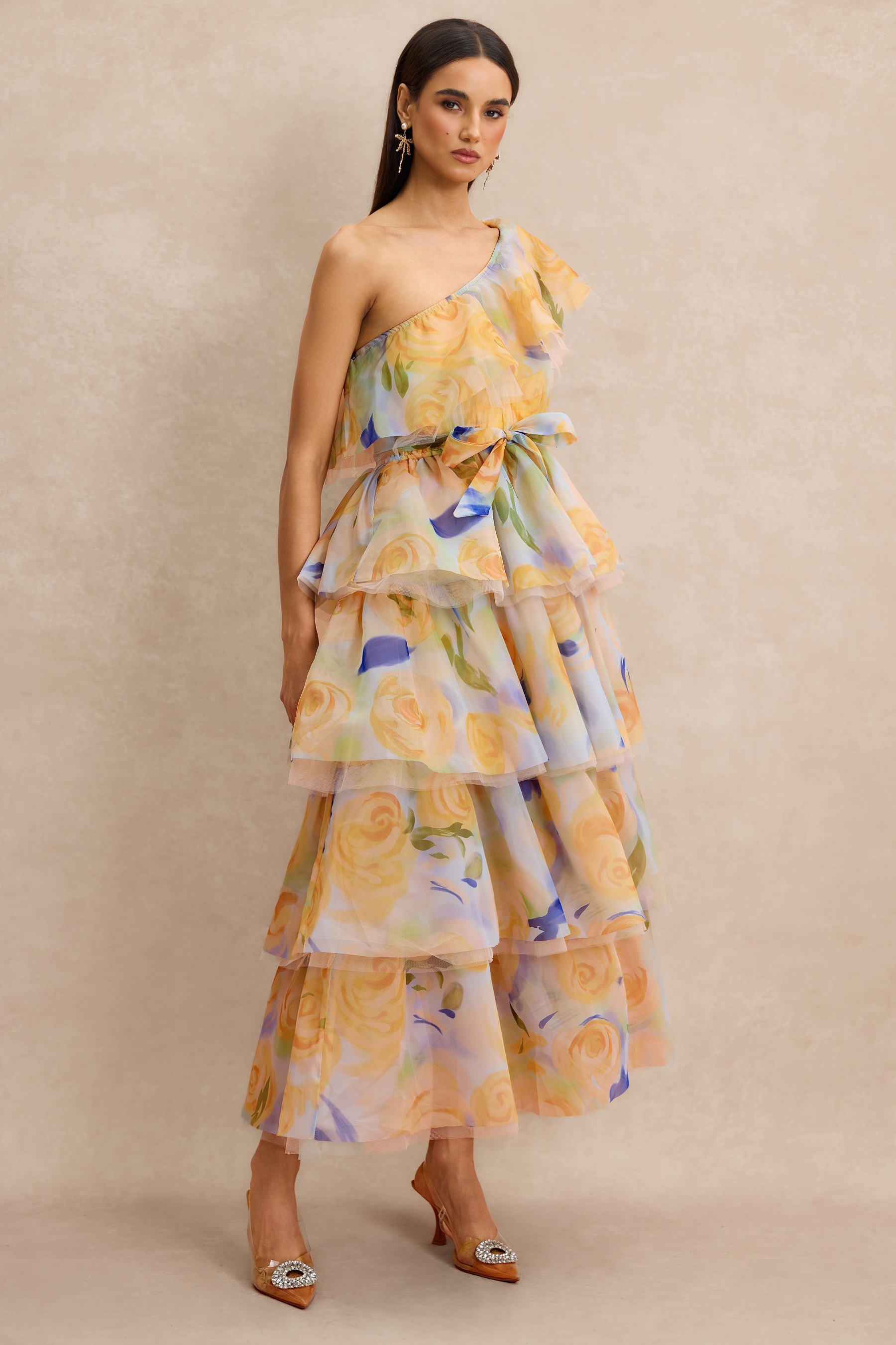 Floral Ruffle One Shoulder Midi Dress