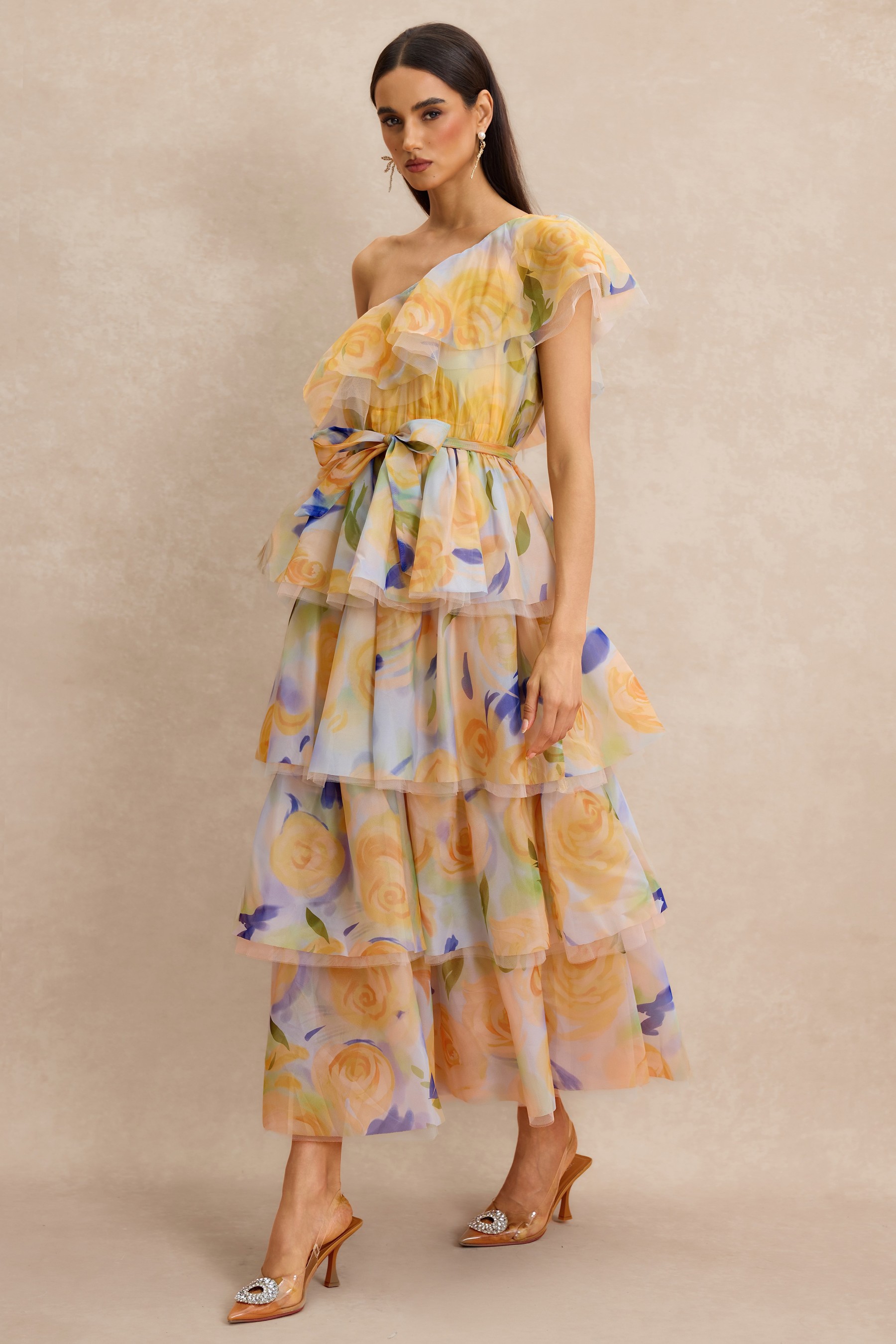 Floral Ruffle One Shoulder Midi Dress