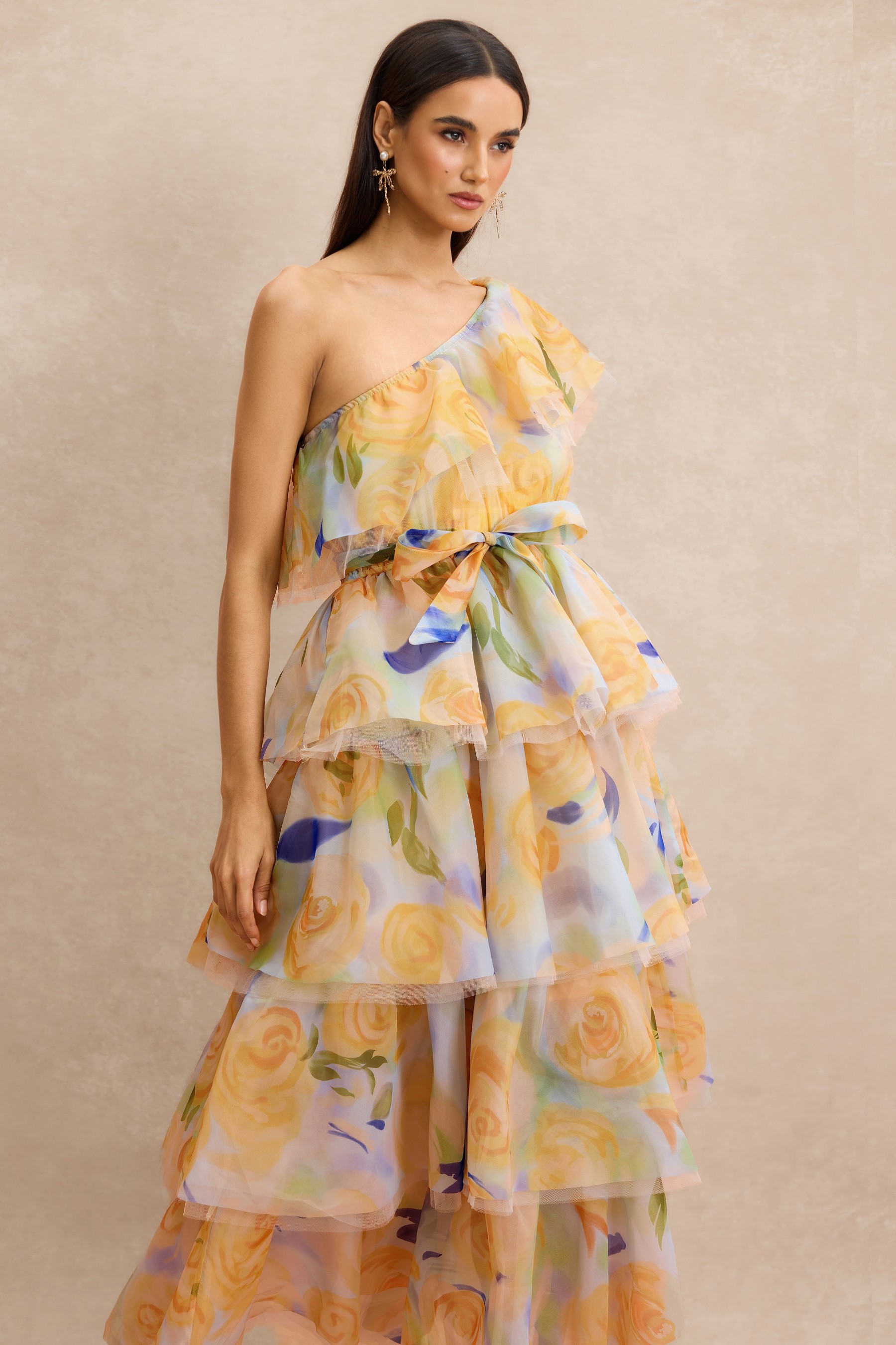 Floral Ruffle One Shoulder Midi Dress