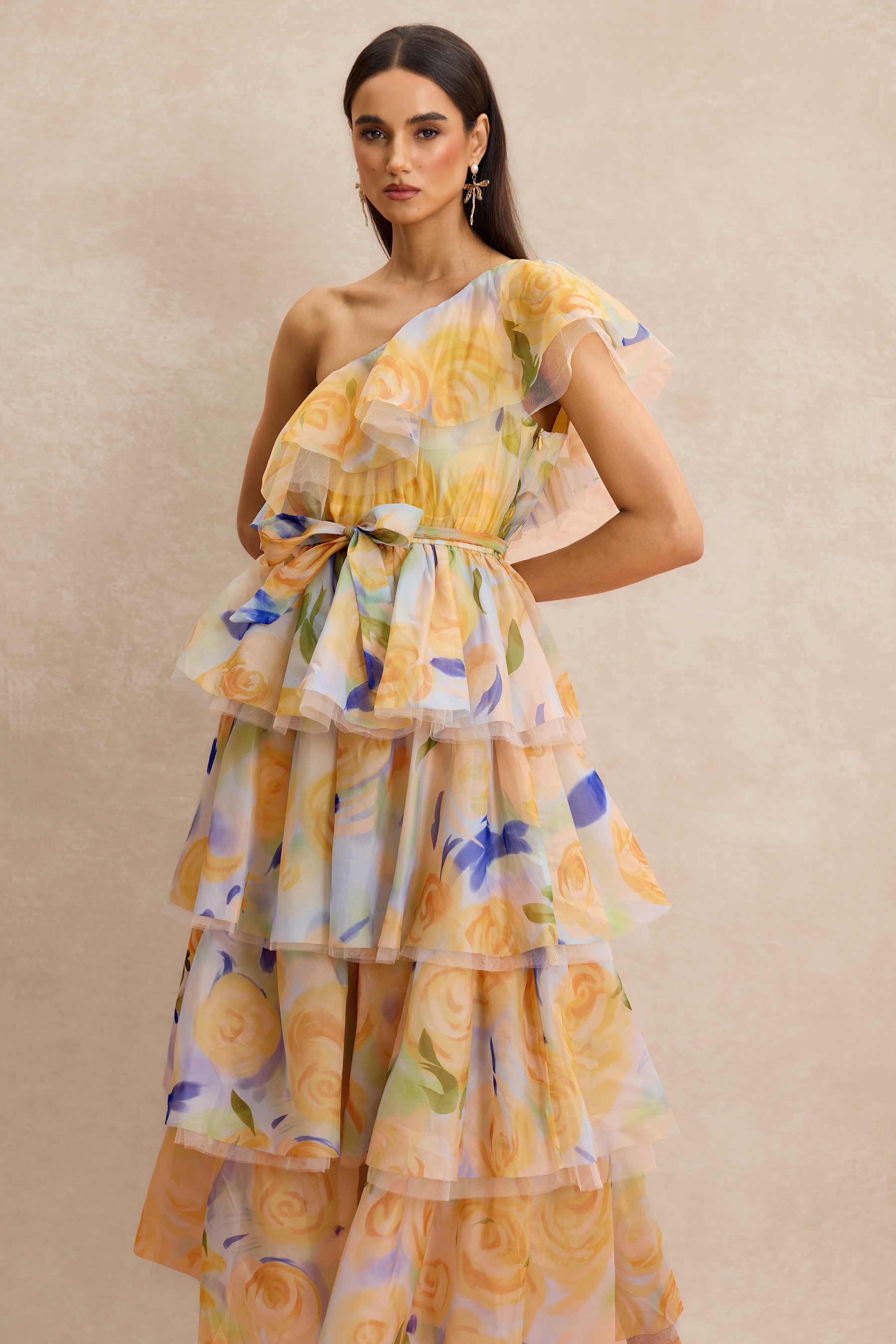 Floral Ruffle One Shoulder Midi Dress