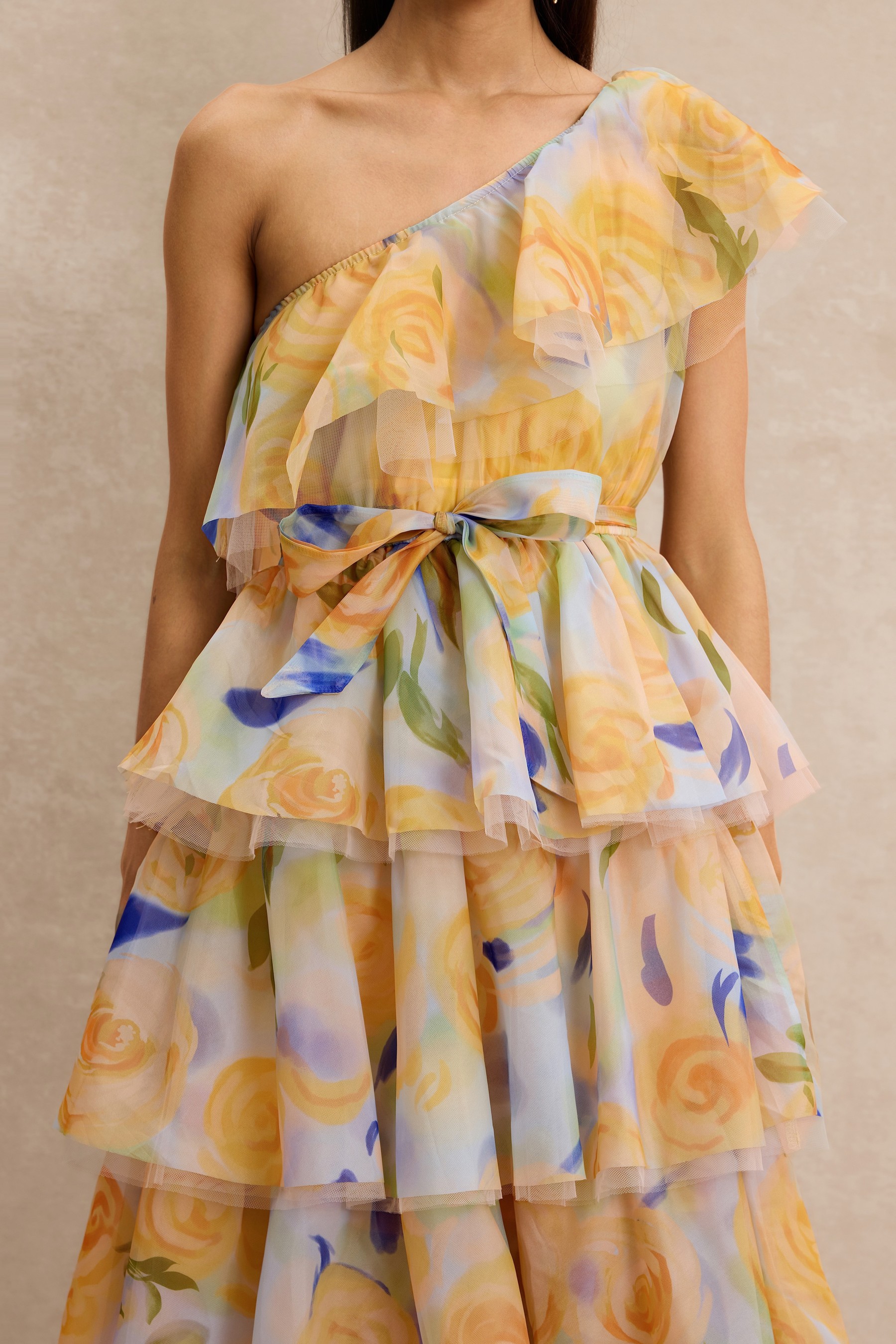 Floral Ruffle One Shoulder Midi Dress