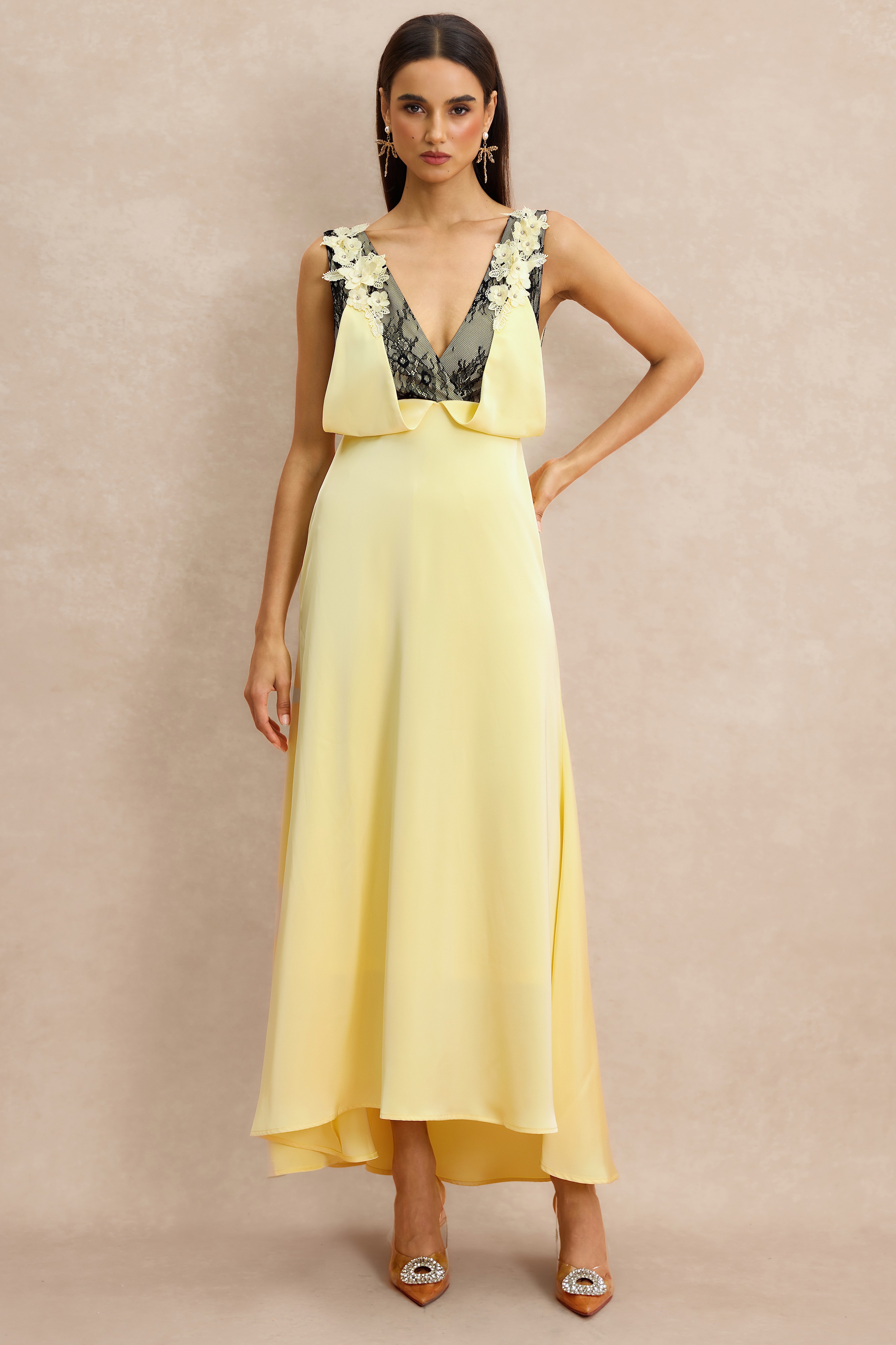 Contrast Color Lace 3D Flower Maxi Dress