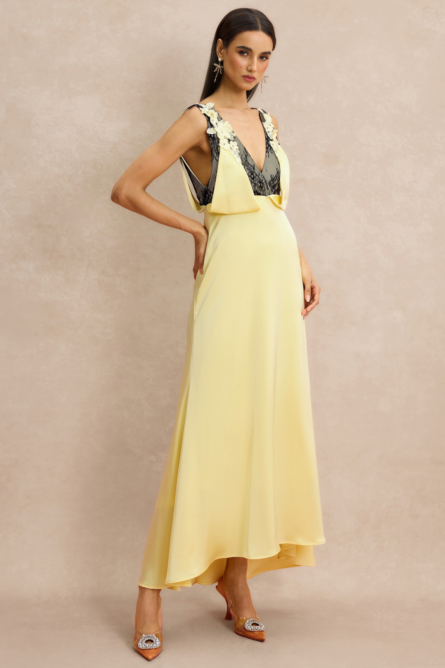 Contrast Color Lace 3D Flower Maxi Dress
