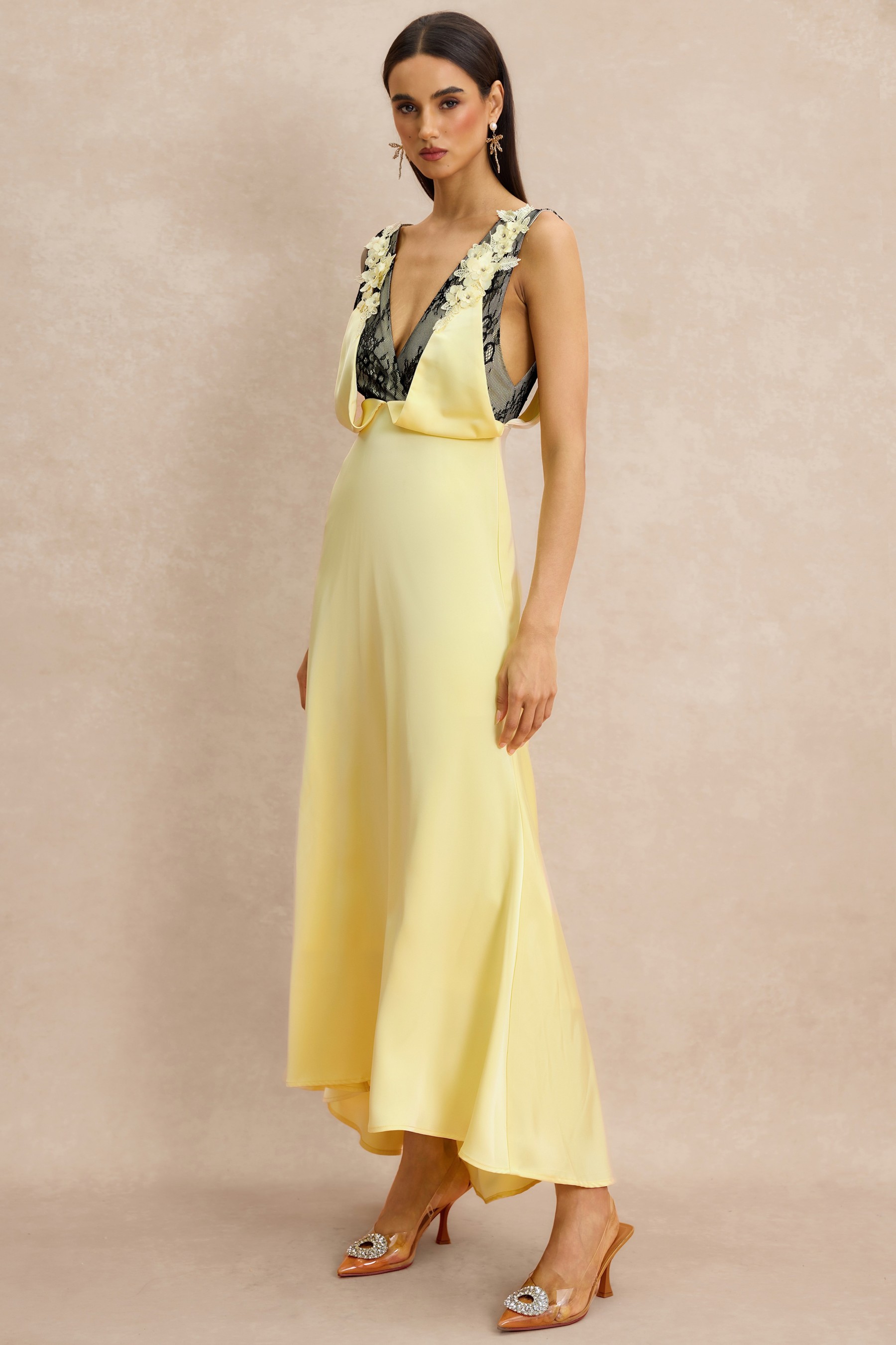 Contrast Color Lace 3D Flower Maxi Dress