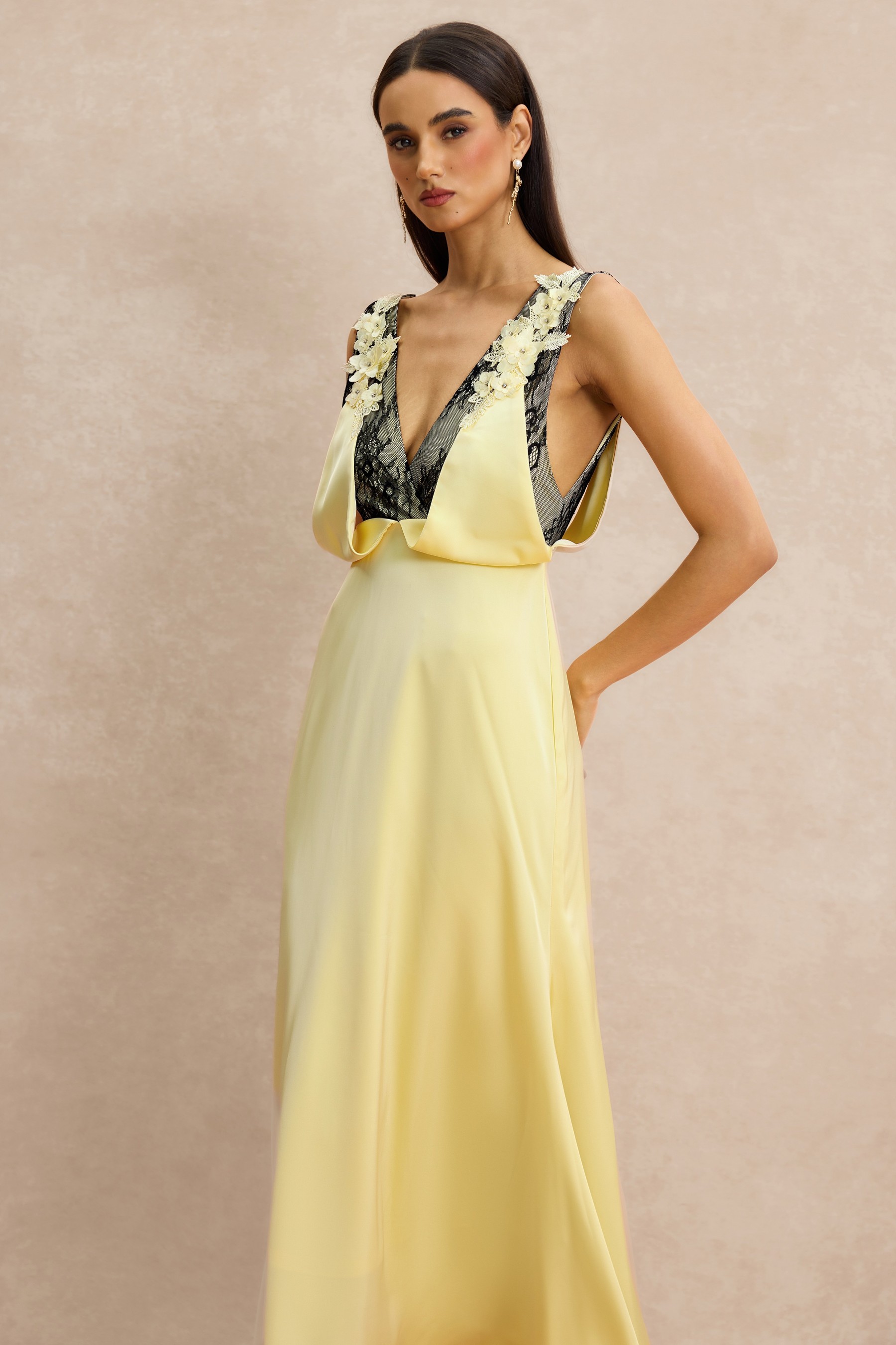 Contrast Color Lace 3D Flower Maxi Dress